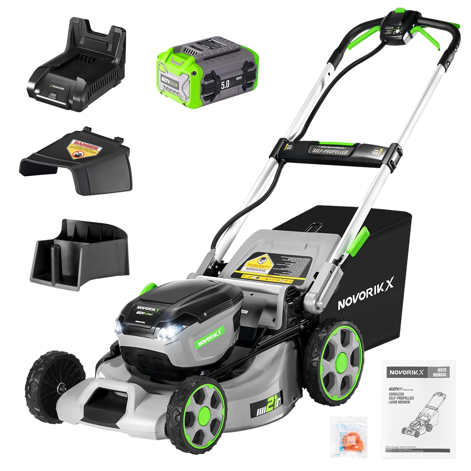 NovorikX 60V self-propelled cordless lawn mower with LED headlight and battery
