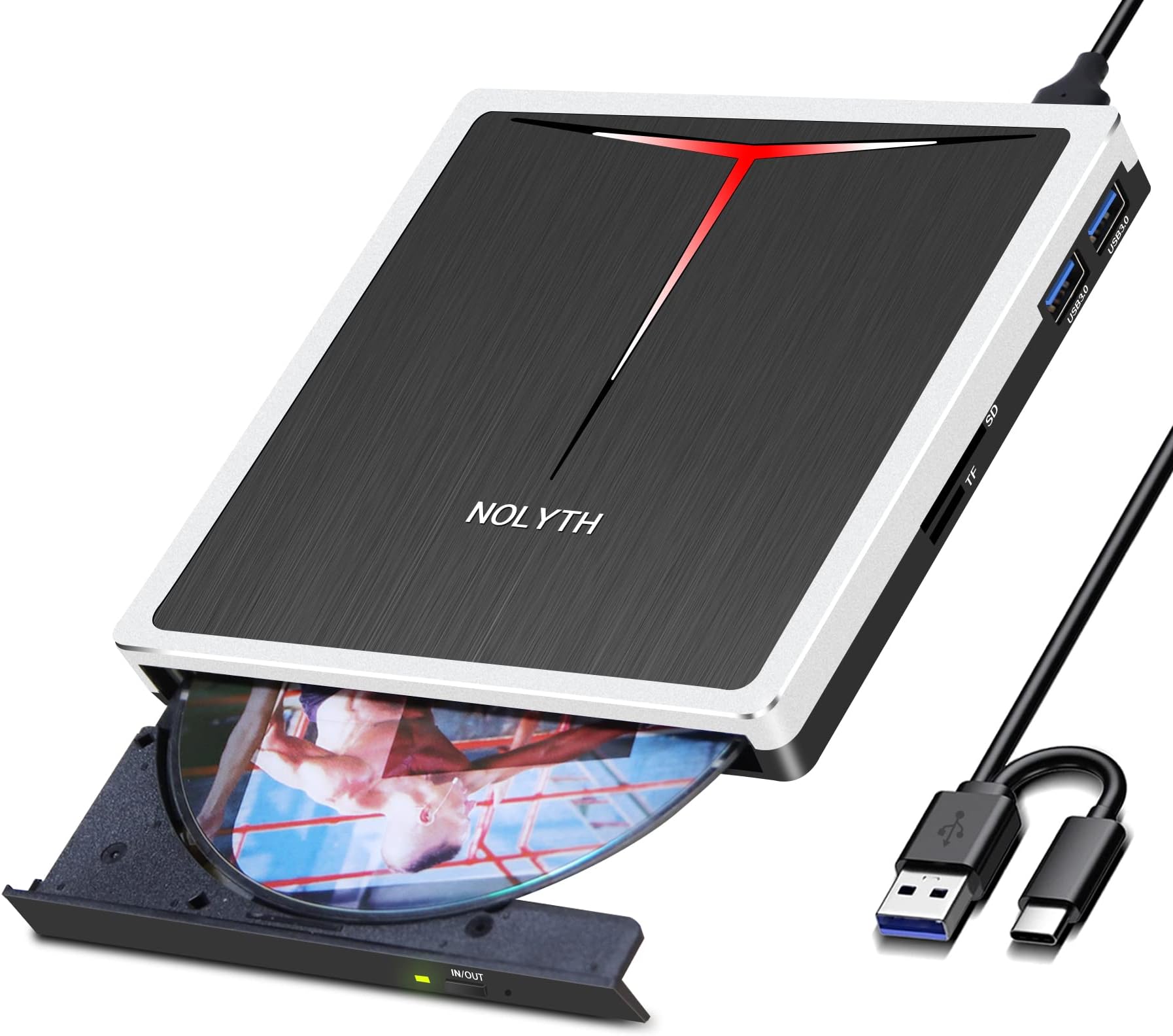 NOLYTH (ノリス) 外付けDVDドライブ USB C SuperDrive Apple用 Mac用USB CDドライブ SD TF 2USBポート付き ポータブルCDバーナー 光学ディスクリーダー DVDプレーヤー ノートパソコン PC Windows デスクトップ用