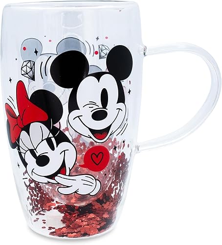 Miniatura 2 de Taza de cristal de confeti de Mickey y Minnie con corazones y diamantes de Disney, capacidad para 15 onzas