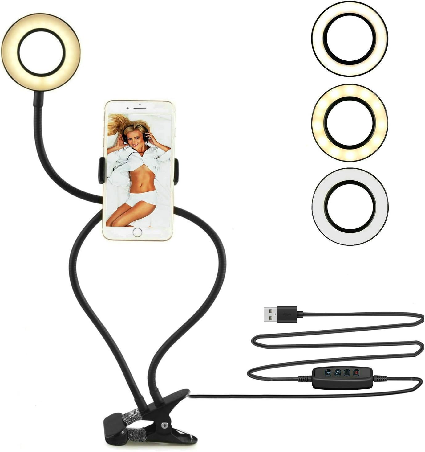 Selfie Ring Light with Cell Phone Holder Stand for Live Stream, YouTube, Facebook and Makeup, LED Night Light Clamp on Lazy Bracket with Flexible Long Arms for iPhone and Android Phone