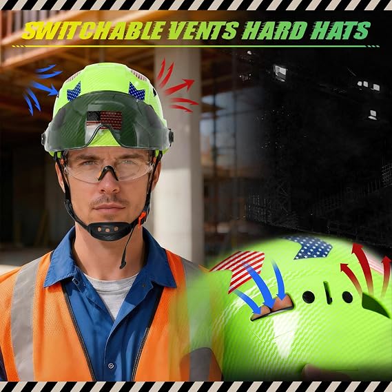 Carbon Fiber Pattern Hard Hat with Visor - Hard Hats with Double Safety Glasses Construction OSHA Approved for Men,Vented Safety Helmet with Chin Strap,ANSI Z89.1 Type 1 Hardhats