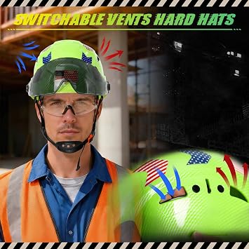 Carbon Fiber Pattern Hard Hat with Visor - Hard Hats with Double Safety Glasses Construction OSHA Approved for Men,Vented Safety Helmet with Chin Strap,ANSI Z89.1 Type 1 Hardhats