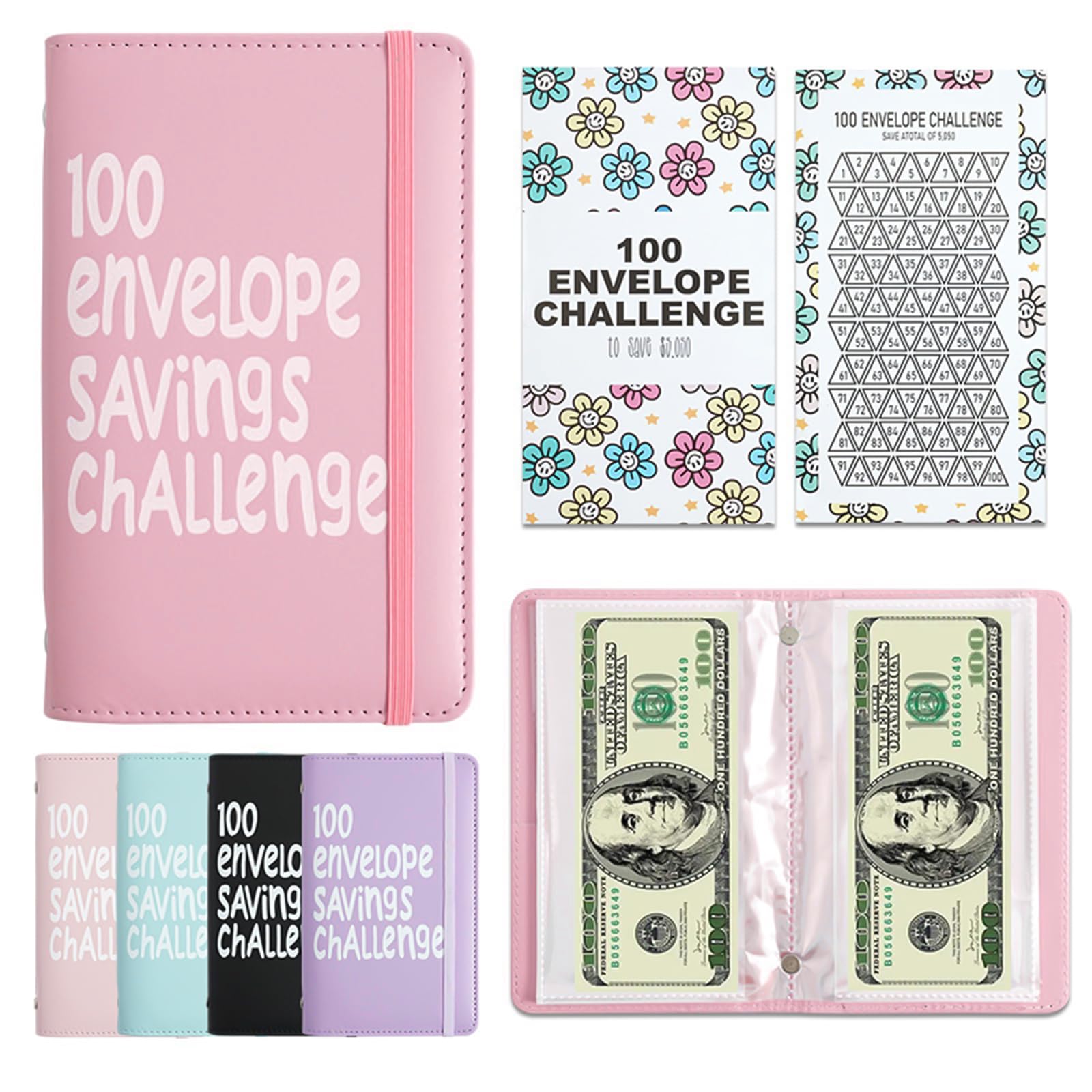 100 Envelope Savings Challenge Book, Reusable A6 Money Budget Binder or Cash Envelopes, Saving Challenges Book Easy and Fun Way to Save $5,050, Cash Wallet Envelope for School, Home, Office(Pink)