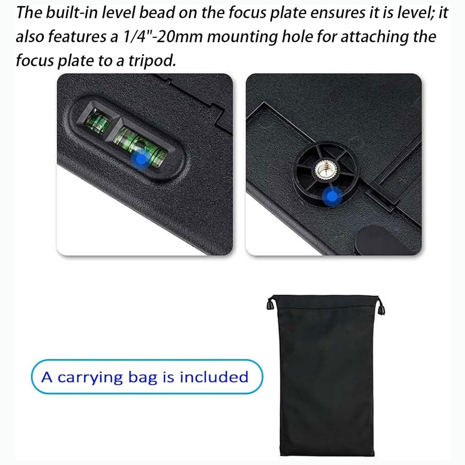 Diagramma di calibrazione della messa a fuoco dell'obiettivo, strumento di calibrazione dell'obiettivo della fotocamera con livella a bolla e supporto treppiede da 1/4-20 per fotocamere DSLR e