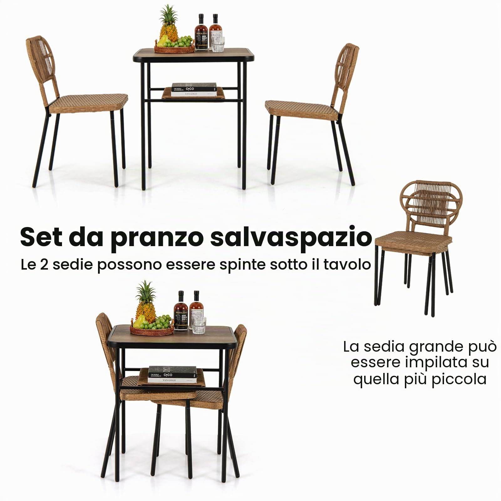 LIFEZEAL Set di mobili da giardino in polyrattan con 2 sedie per giardino, tavolo da giardino con mensola, set di mobili da giardino 3 pezzi per terrazza, patio, piscina