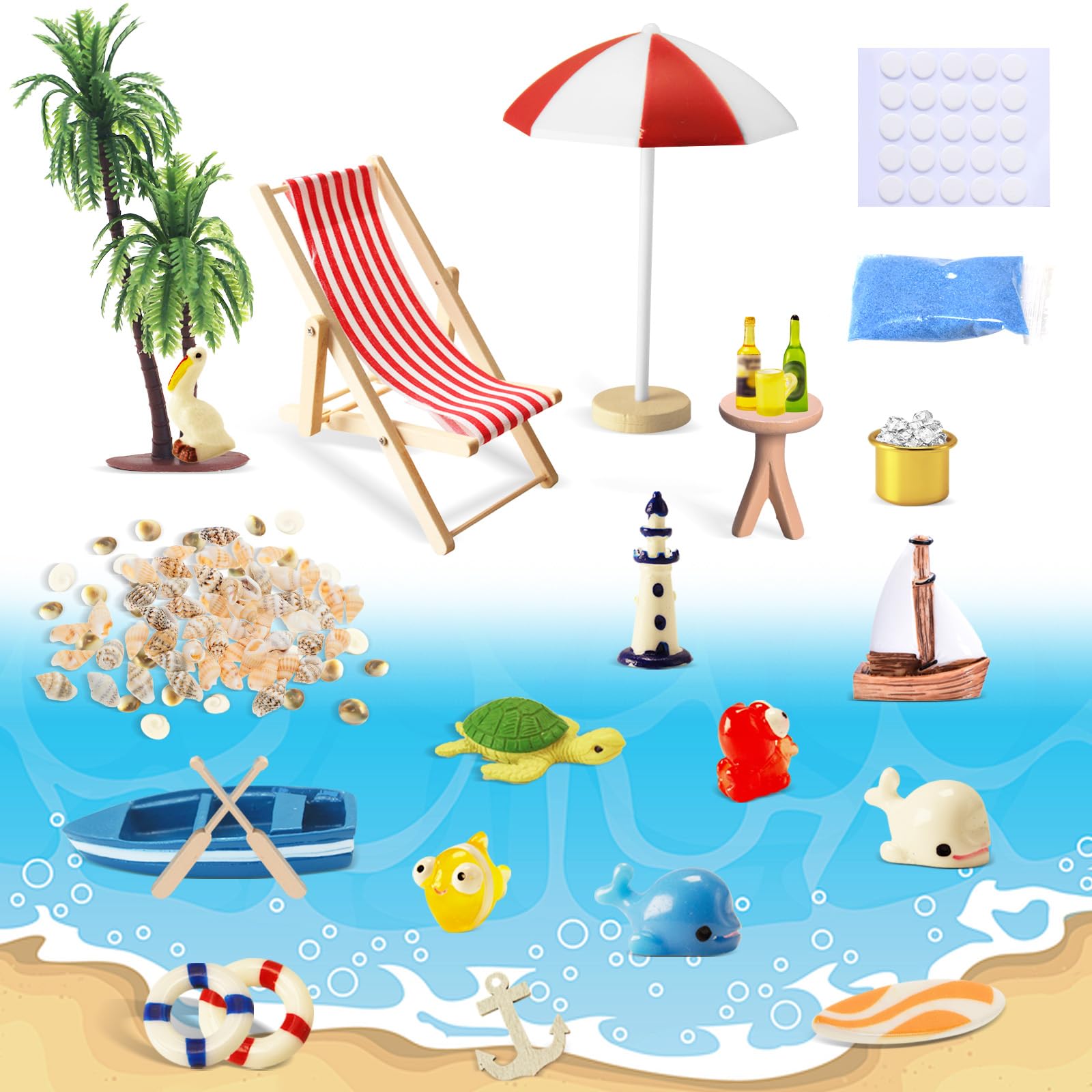 MoguGo 26 Stück Strand-Mikrolandschaft Kleine Palme Deko Accessoires Miniaturlandschaft Dekoration Sommerliche Garten-Deko Miniatur-Ornament-Set für DIY Miniatur Garten Dekoration