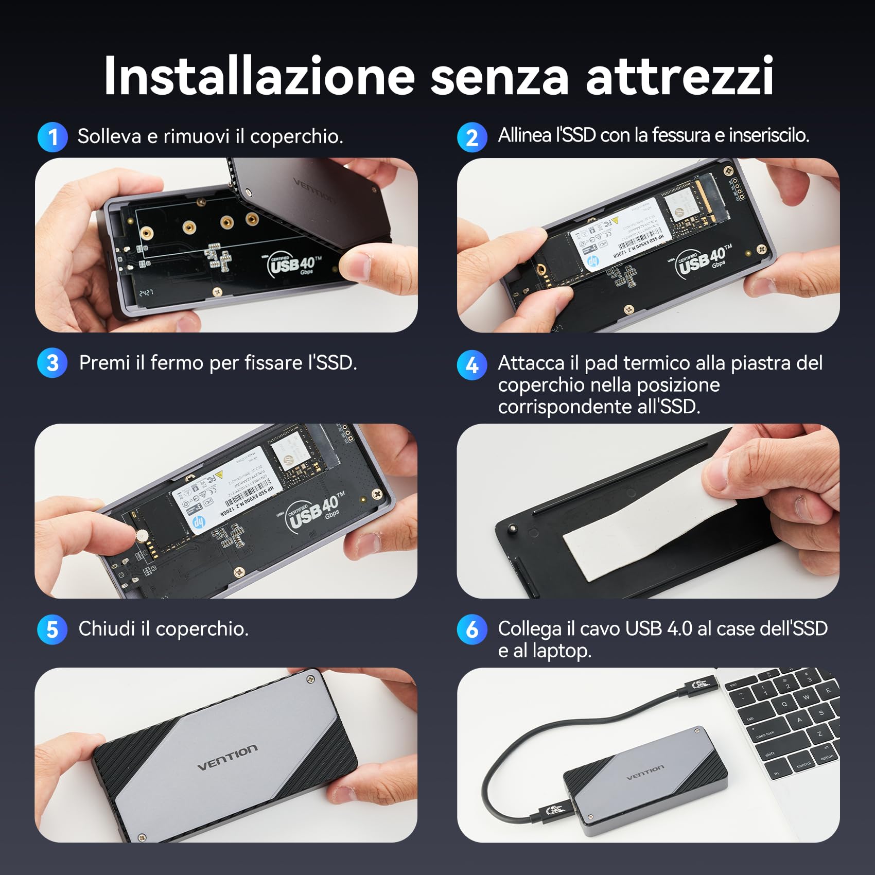 VENTION Custodia M.2 NVMe 40Gbps, Carcasa PCIe in alluminio con ventola intelligente, Cassa SSD senza strumenti per USB4/Thunderbolt, Supporto clav. M/M+B 2230/2242/2260/2280