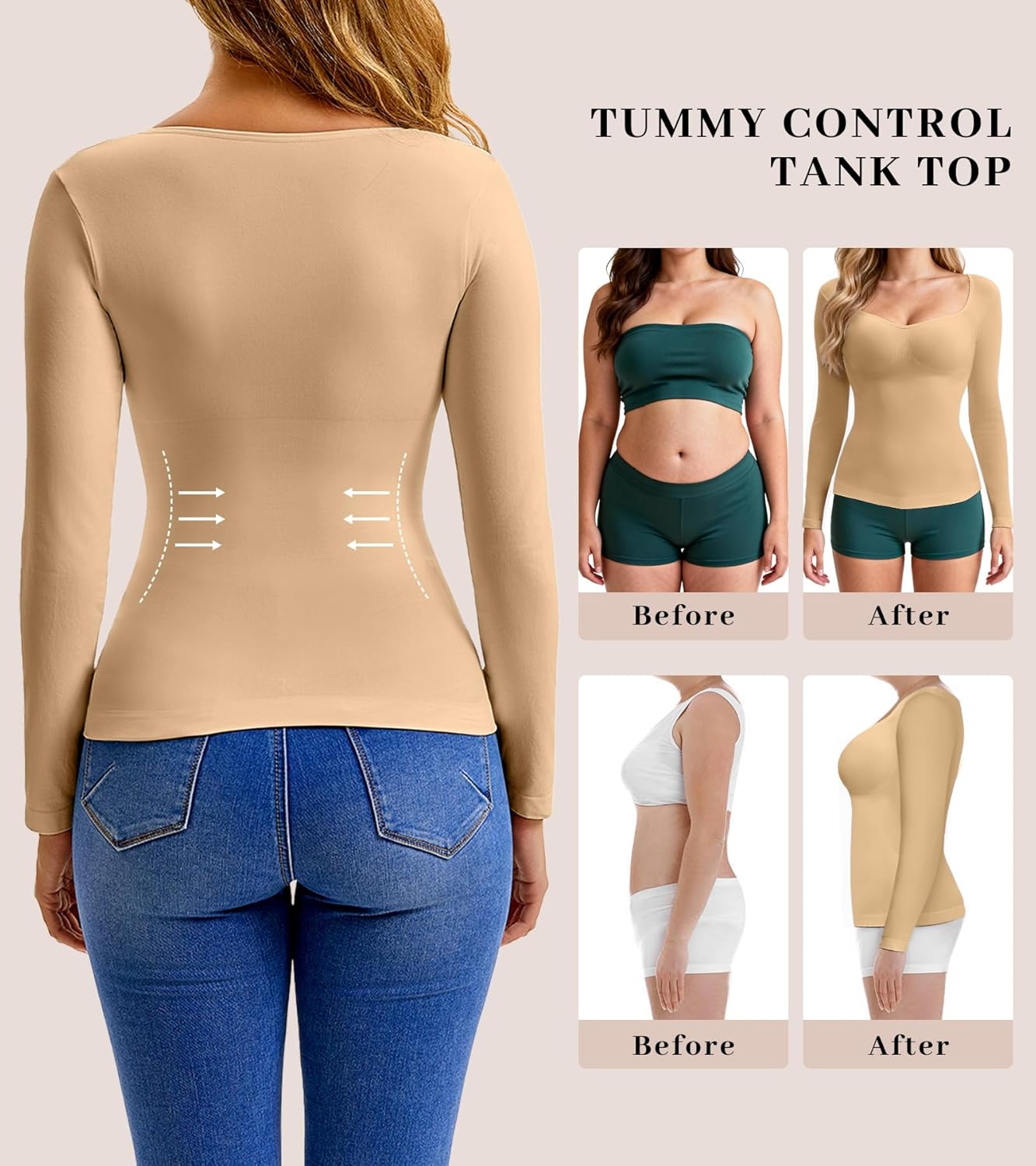 Tummy Control Shaperwear Tank Top for Women Long Sleeve Square V Neck Shirts Compression Tops Slimming Body Shaper - Image 4