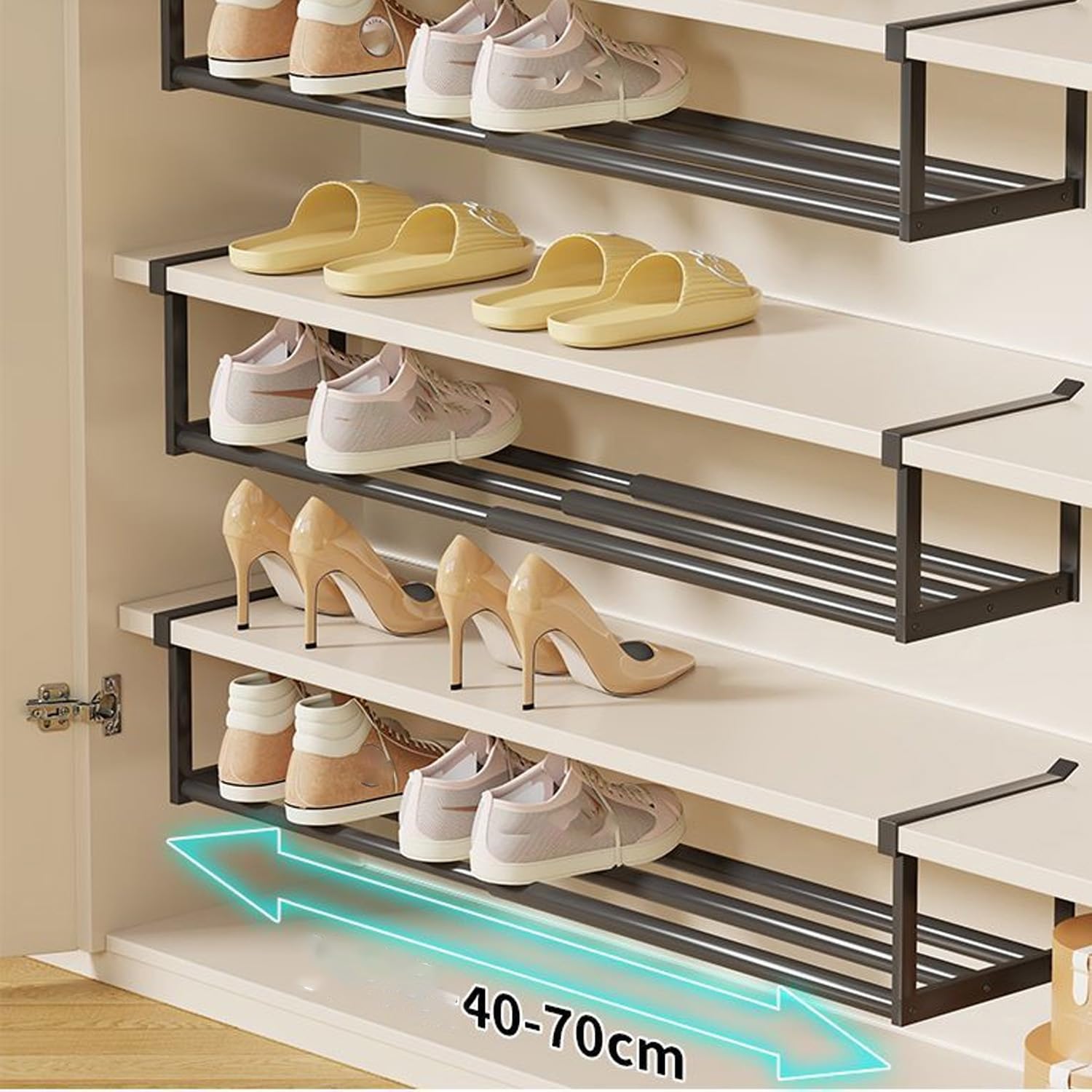 Zapatero extensible para debajo del gabinete, estante ajustable retráctil para colgar en escritorios, maximiza el espacio, se adapta a estantes de 2,5 cm de grosor (negro, 2 piezas)