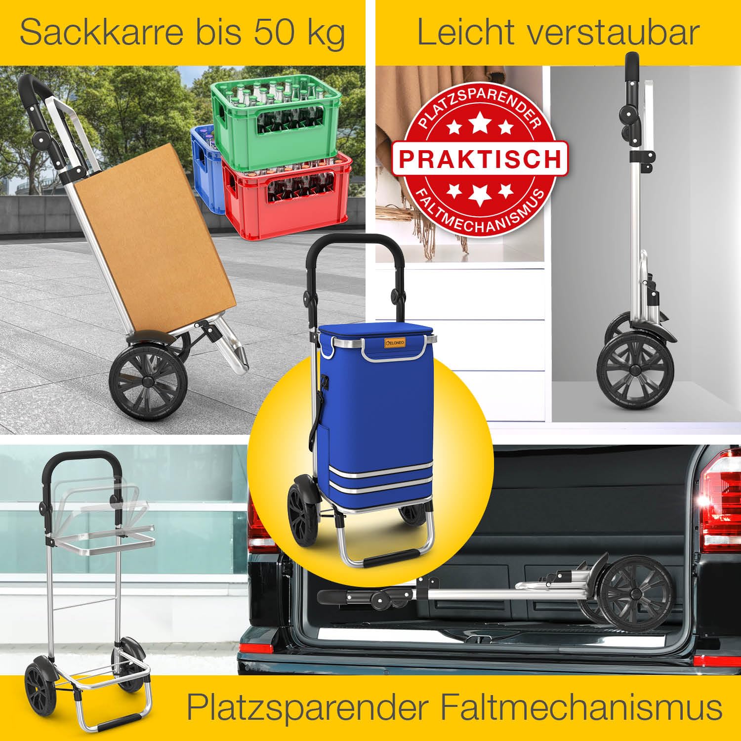 ELONEO Einkaufstrolley klappbar, Einkaufswagen mit Kühlfach, 3in1 Trolley, Sackkarre & Umhängetasche, Einkaufsrollwagen, Shopping Trolley 56L Kapazität & Einkaufschip, Hackenporsche Blau