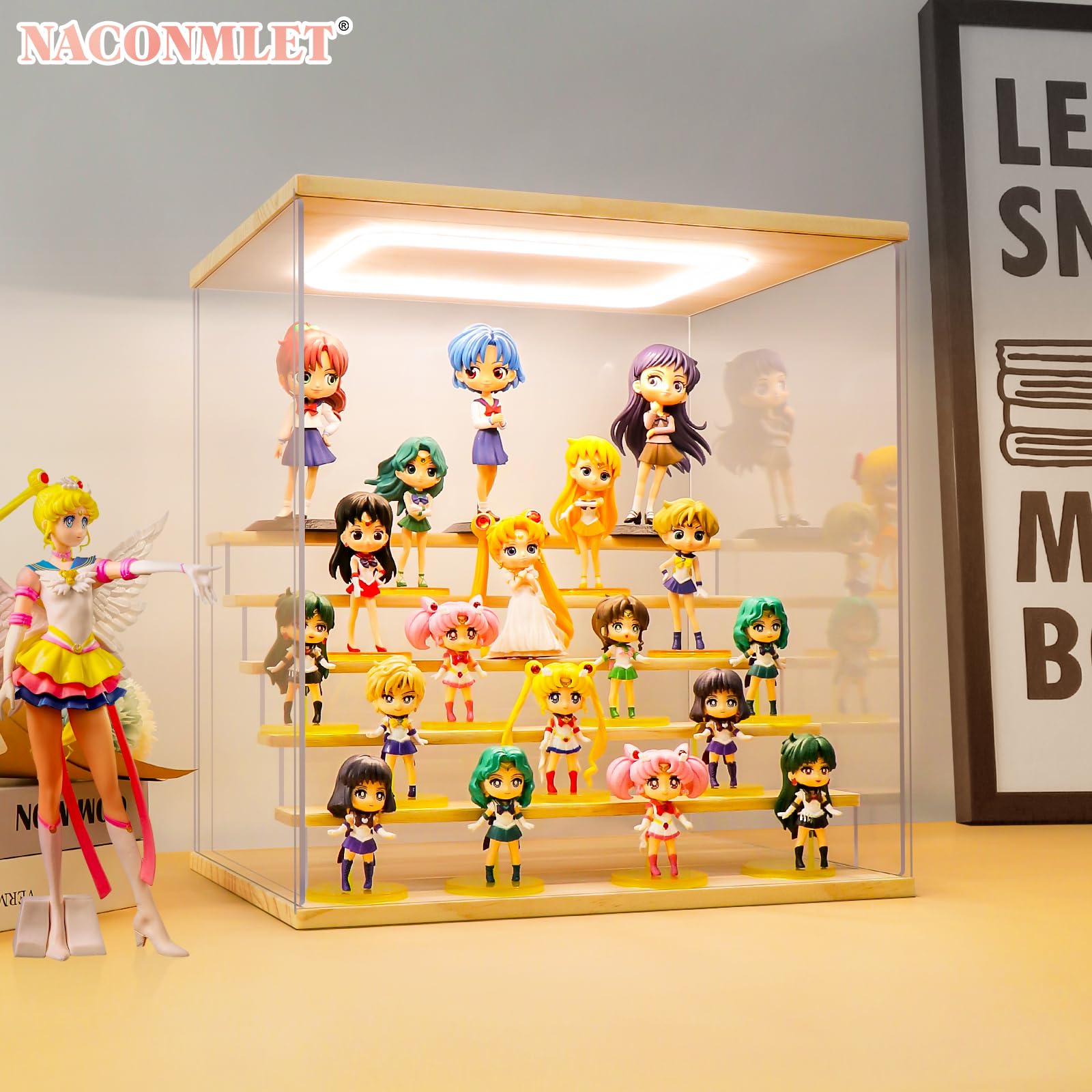 Vitrina acrílica transparente para figura con luz LED, soporte de exhibición de 6 niveles, caja de exhibición Funko Pop, vitrina de protección a prueba de polvo para coleccionables (pequeño 6 niveles