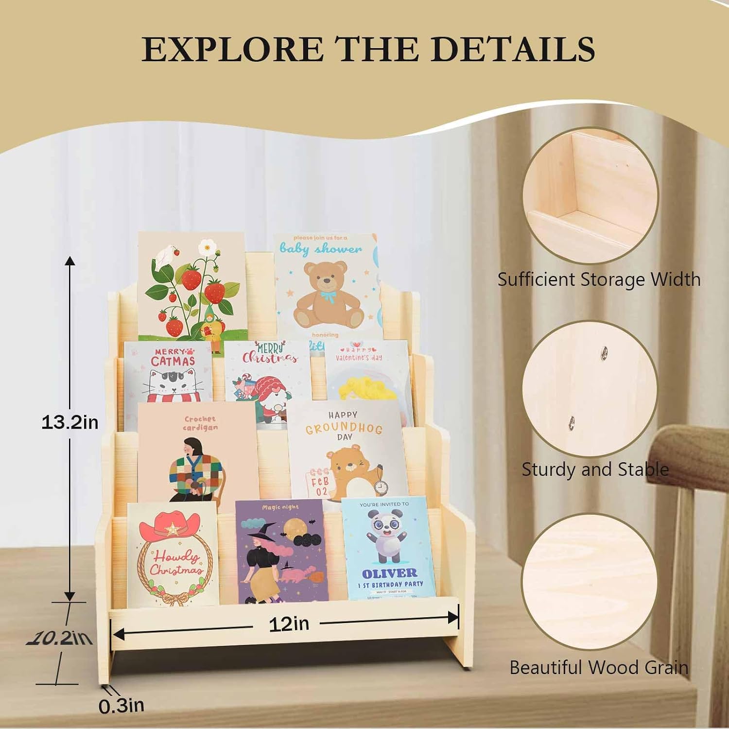 SUPERSUN Greeting Card Display Stand, 4-Tier Wooden Sticker Card Display Holder, Display Rack for Brochure, Postcards, Photos, Stickers, Retail Craft Fair Showcase
