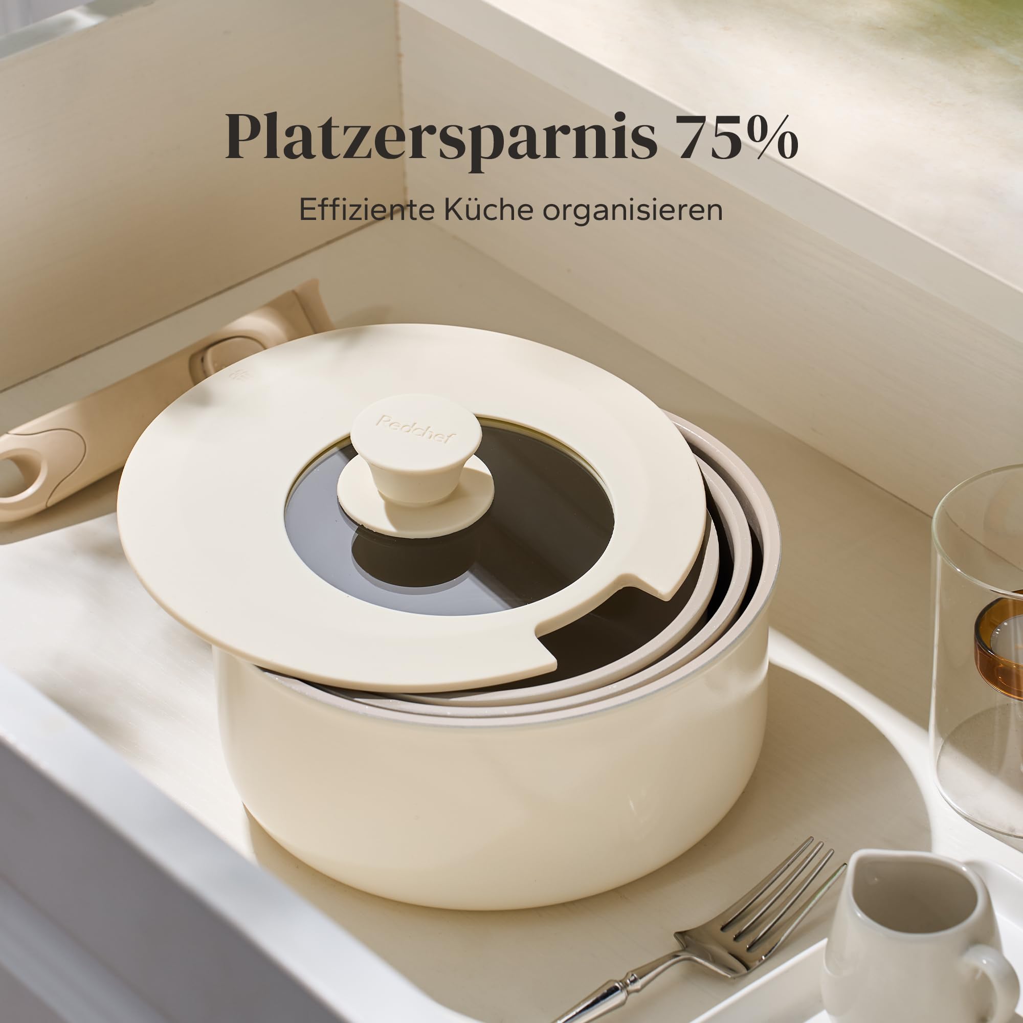 Redchef Set de Casseroles en Céramique, Lot 3 Poignées Amovibles, Anti-adhésives 16/18/20 cm, Casserole Induction, Couvercle 3 EN 1, Passe au four, sans PFOA, Tous feux dont induction (Beige)