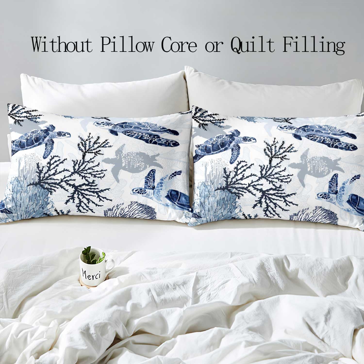 LUVIVIHOME 3PCS Navy Blue Sea Turtle Duvet Cover King Bedding Set, Underwater Coral Seaweed Nautical Beach Ocean Animals Marine Life White Comforter Quilt Cover, Coastal Bedroom Decor, 2 Pillow Cases