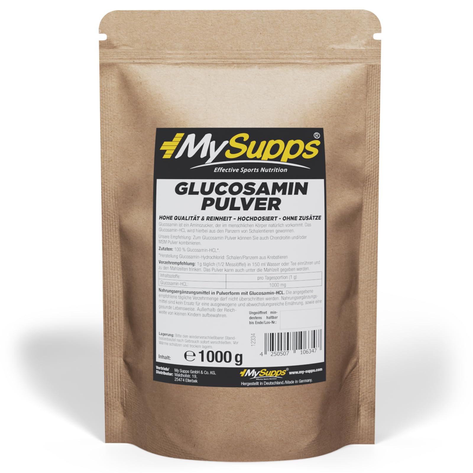 My Supps Glucosamin Pulver 1000g – 100 % reines Glucosamin-HCL – hochdosiert & ohne Zusätze – Hydrochlorid für tägliche Ergänzung – HCL-Pulver in Premiumqualität – Made in Germany