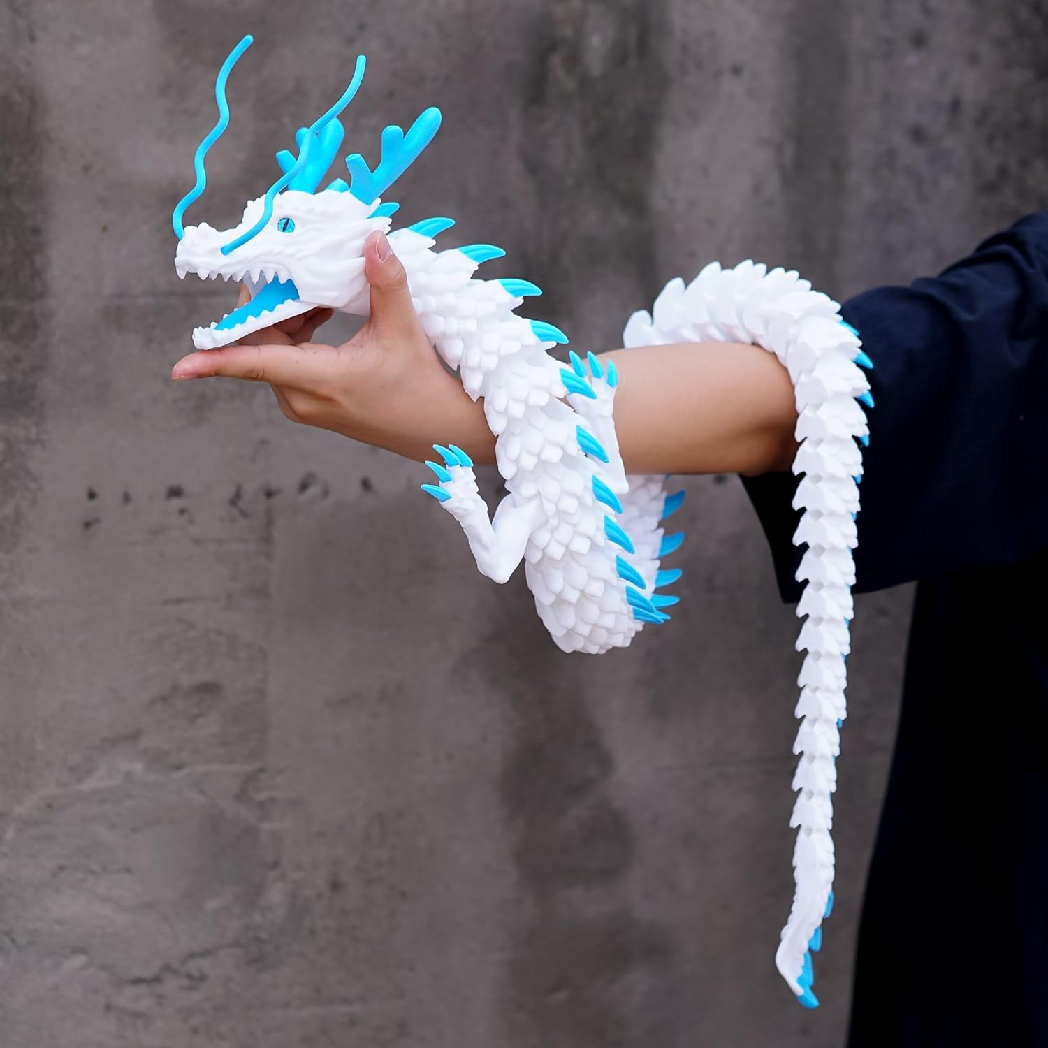 47.3inch Super Huge Large Dragon 3D Printed Dragon with Movable Mouth and Eyes,Flexible Realistic Articulated Animal Fidget Toys,Mystery Figurines Gifts,Executive Desk Décor Collectible (White-Blue)