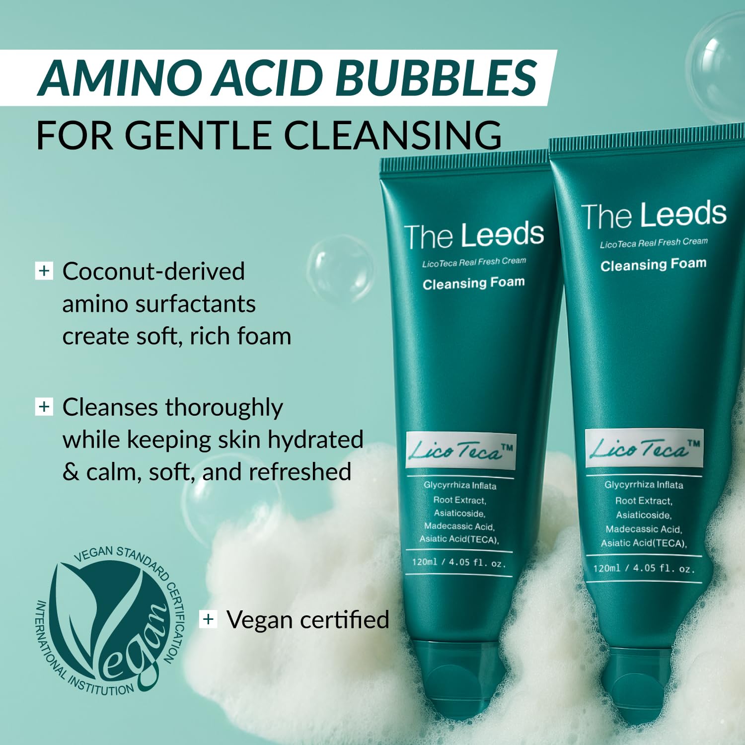 THELEEDS LicoTeca Real Fresh Cream Cleansing Foam 120ml(4.05 fl. oz.) | Gentle Amino Acid Facial Cleanser for Sensitive Skin, Deep Cleansing&Makeup Removal, Hydrating, Vegan Korean Skincare Face Wash - Image 4