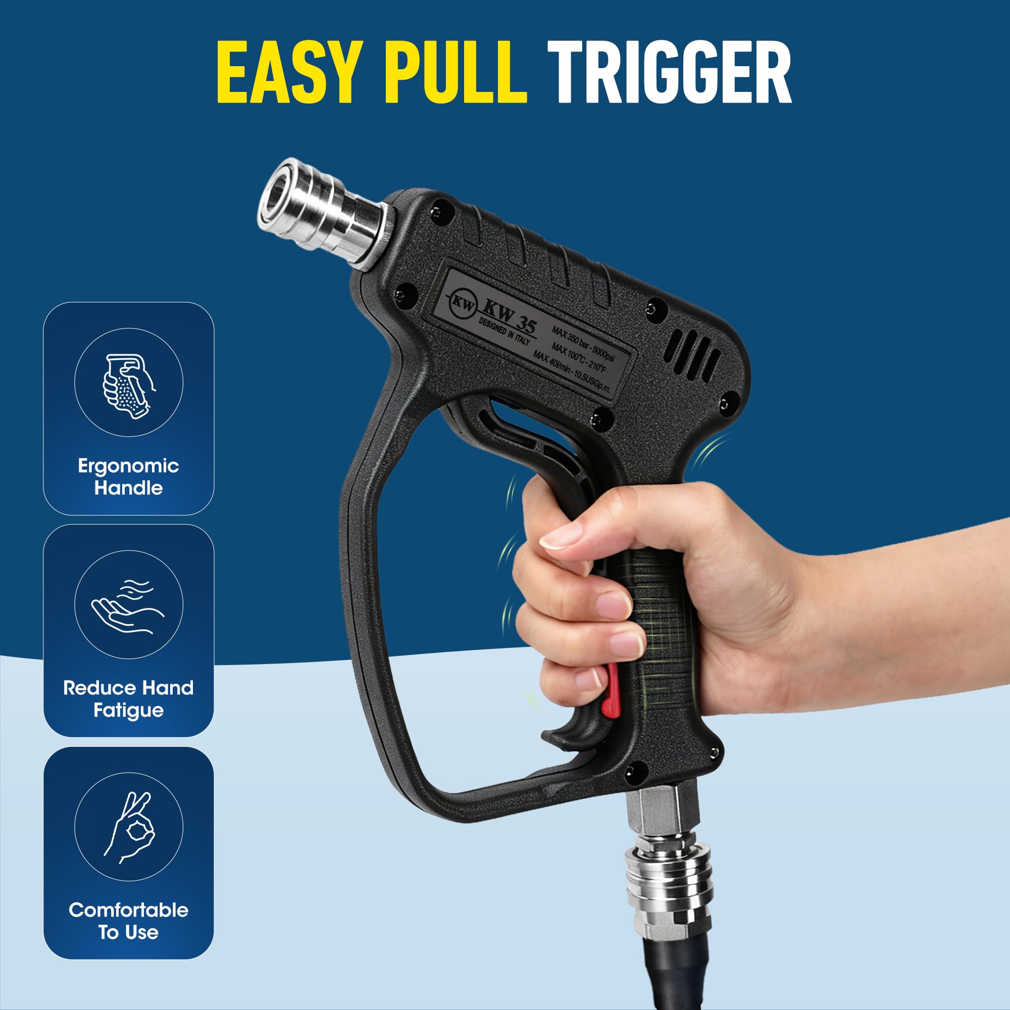 Pistola corta para lavadora a presión, 5000 PSI/10.5 GPM pistola de pulverización de alta potencia con giro rápido de 3/8 pulgadas y conexión M22-14 mm para cañón de espuma para lavado de autos