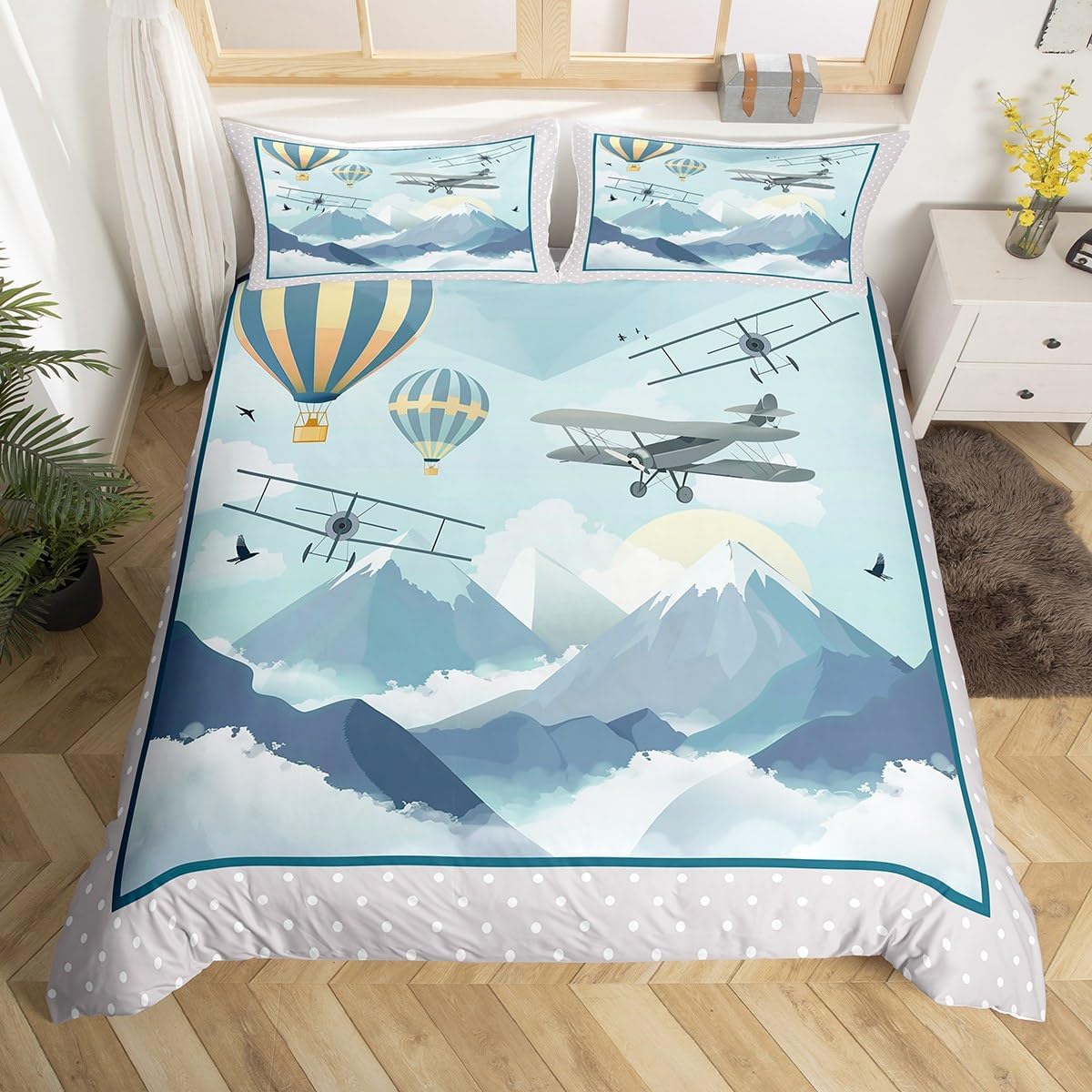 Kids Cartoon Airplane Duvet Cover Twin Size Boys Cute Airplane Bedding Set for Chid Teens Bedroom Decor Grey Navy Blue Geometric Stripes Comforter Cover Watercolor Mountain Scenery Quilt Cover 2pcs