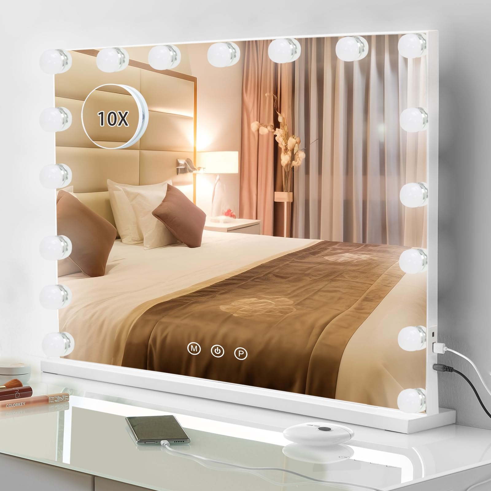 LIANWANG 17 LED Schminkspiegel mit Licht Dimmbar für Schminktisch, Makeup Vanity Mirror mit 3 Farbtemperaturen, Type C und USB, H1794
