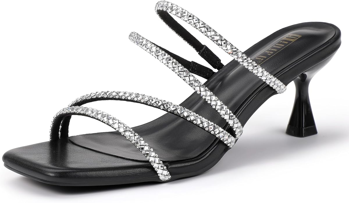 IDIFU Rhinestone Heels Slip On Strappy Low Kitten Heels