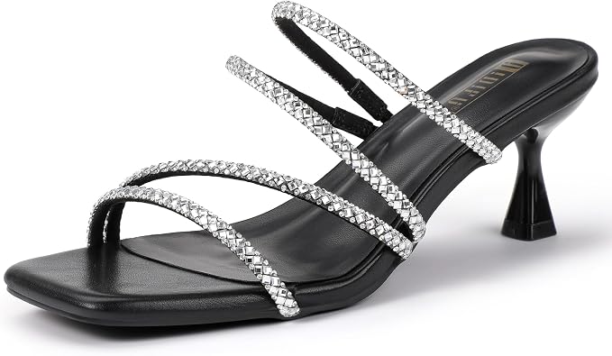 IDIFU IN2 Rhinestone Heels Strappy Low Kitten Heels Square Open Toe Mule Heels Wedding Bridal Prom Party Dress Shoes for Women Comfortable Dressy Formal Sparkly Slip On Heeled Sandals