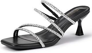 IN2 Rhinestone Heels Strappy Low Kitten Square Open Toe Mule Heels Wedding Bridal Prom Party Dress Shoes for Women Comfortable Dressy Formal Sparkly Slip On Heeled Sandals