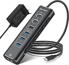 USB C 3.1 Hub Active with Power Supply, RSHTECH 7-in-1 USB C 3.2 Hub with Ethernet Adapter, 3 x 10 Gbps (2 x Type C, 1 x Type-A), 3 x 5 Gbps USB 3.0, USB-C Cable, 24 W Power Supply, Aluminium