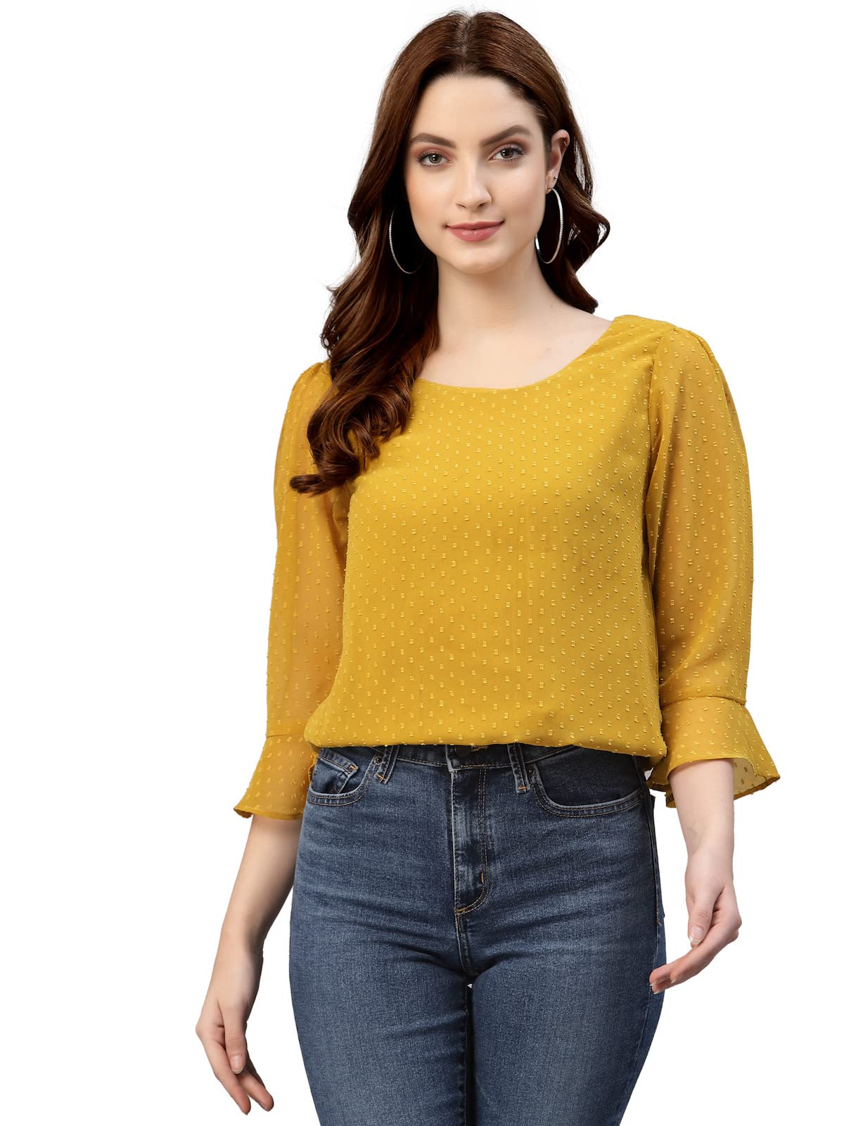 NEUDIS Women Black Chiffon Self Design Ruffle Sleeve Regular Top