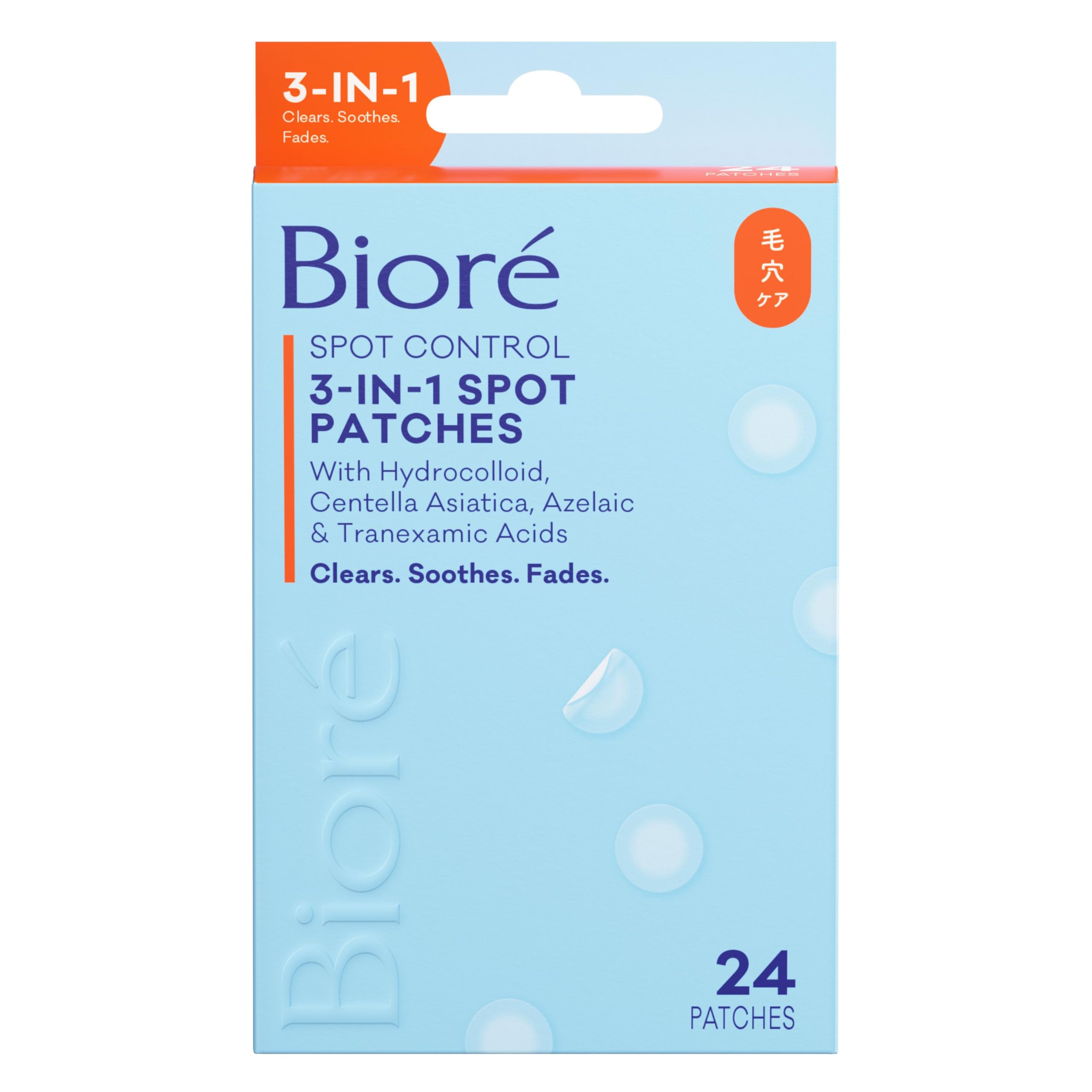 Biore Spot Patches, Hydrocolloid Invisible Pimple Patches, Stickers Spot Dots For Blemishes & Acne, 3-In-1 Clears, Soothes Skin & Reduces Pimple Marks, Japanese Skincare, 24 Count