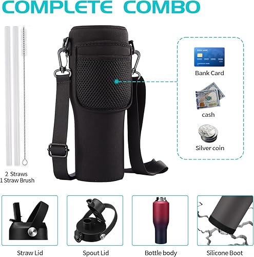 Miniatura 5 de Vasos aislados de 40 onzas con tapa y popote, tapa de boquilla, botella de agua de acero inoxidable que cabe en soportes para tazas, vaso de metal