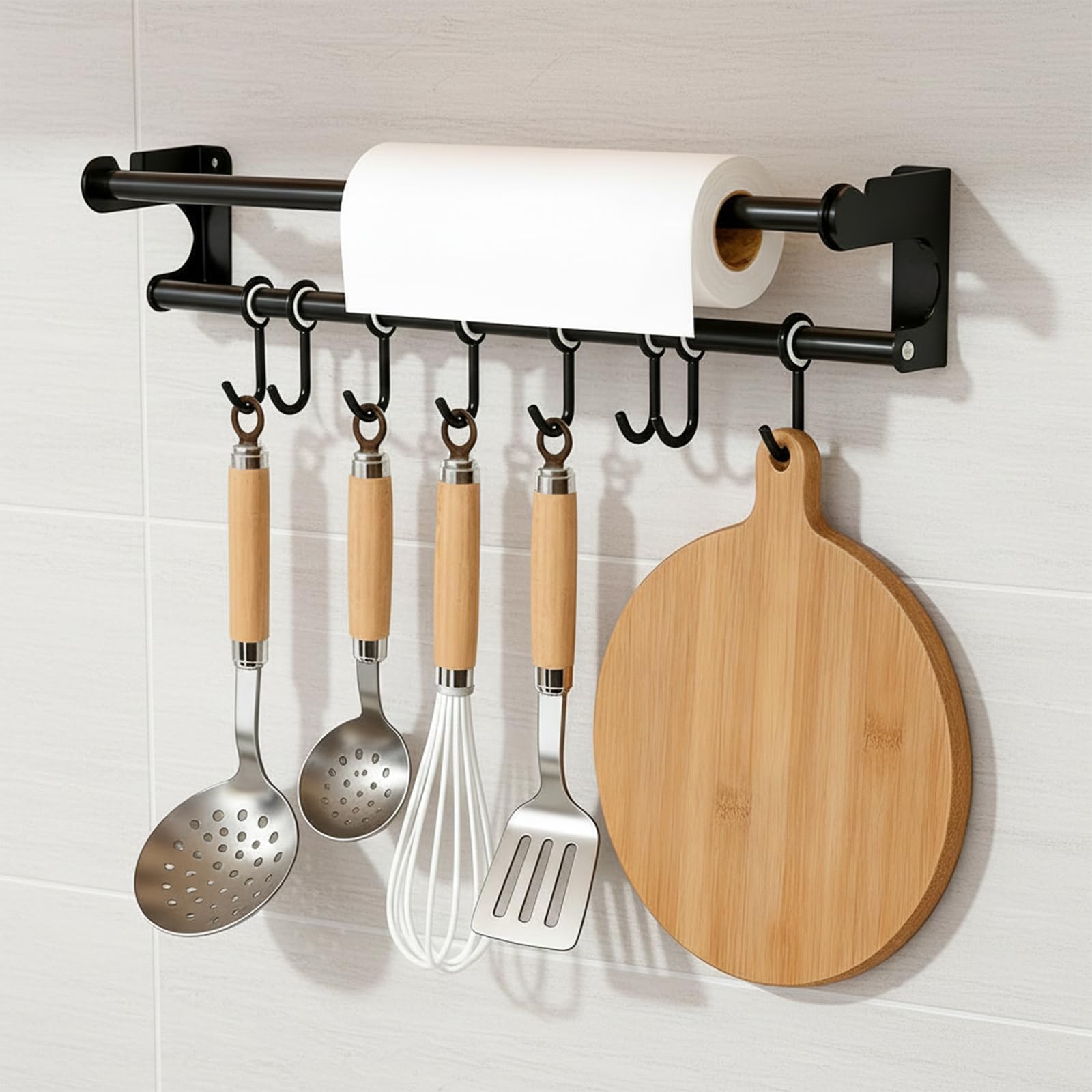 PARFCO Kitchen Rail 40 cm with 8 Hooks, Black Kitchen Rail, Hook Rack for Kitchen Utensils, Wall Holder, with Enclosed Assembly Instructions for Kitchen, Bathroom and Household