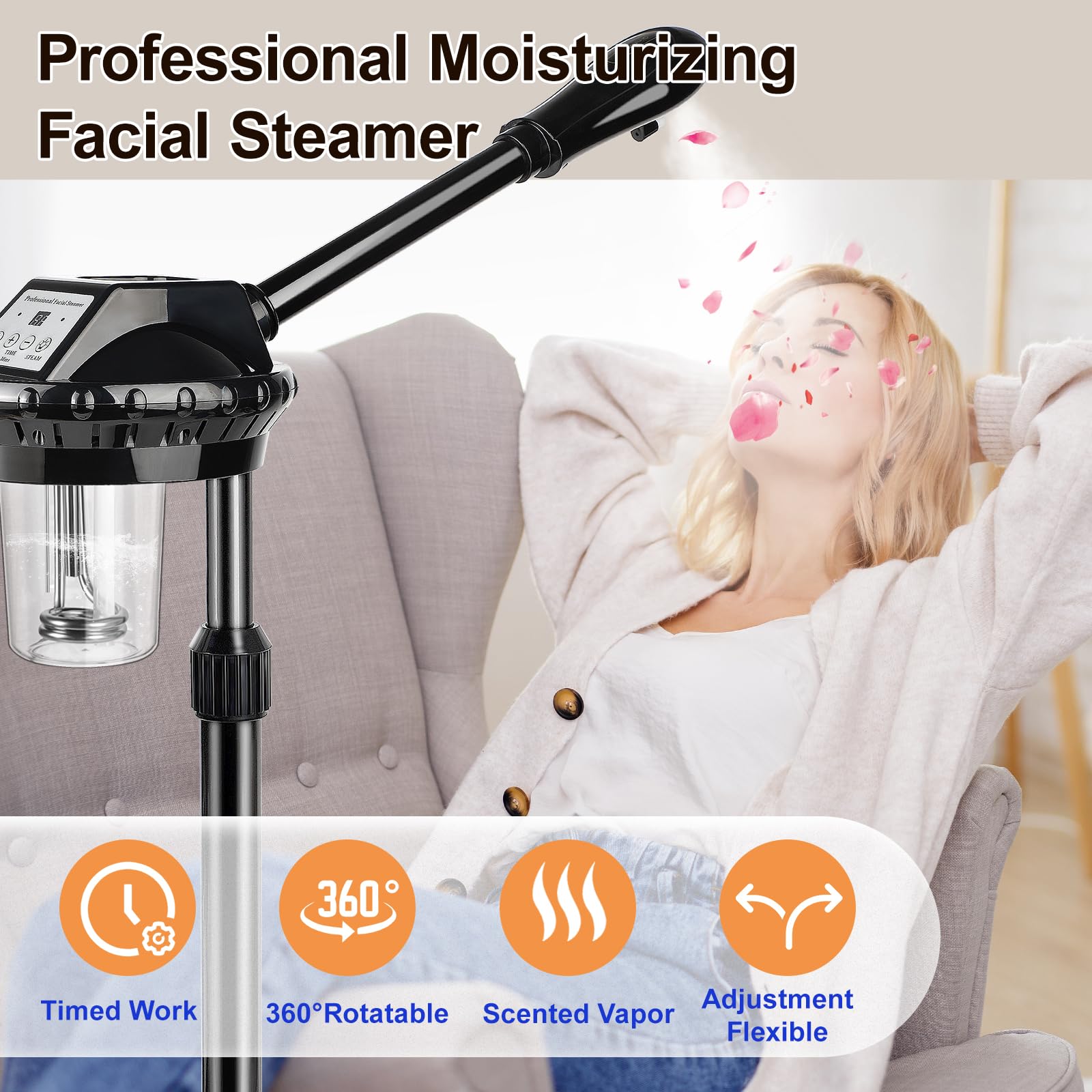 Vapore viso professionale, vaporizzatore viso all'ozono SPA su ruote, altezza e angolo regolabili, più vapore, umidificatore viso a nebbia calda, nebulizzatore per bellezza spa, uso domestico