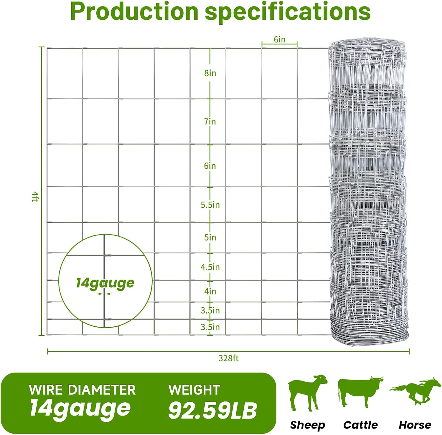 Cattle Panel 4ft x 328ft 14 Gauge Heavy Duty Galvanized Woven Wire Fence 12 Gauge Border 8in to 3.5in Mesh for Goat Sheep Hog Deer Horse Livestock Fencing Yard Garden Field Agricultural Farm Ranch