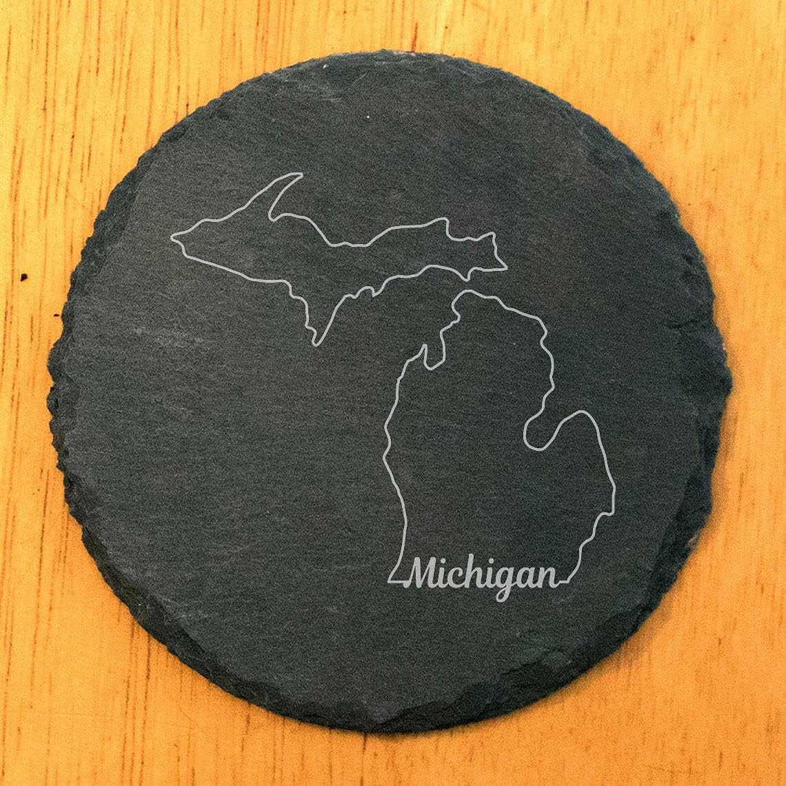 Rustic Slate Coasters Set of 6, Laser Etched Michigan Design, 4" Round, Natural Chipped Edge, Rubber Feet, Perfect for She-Shed, Man Cave, Gifts for Holidays, Birthdays, Housewarming, Made in USA