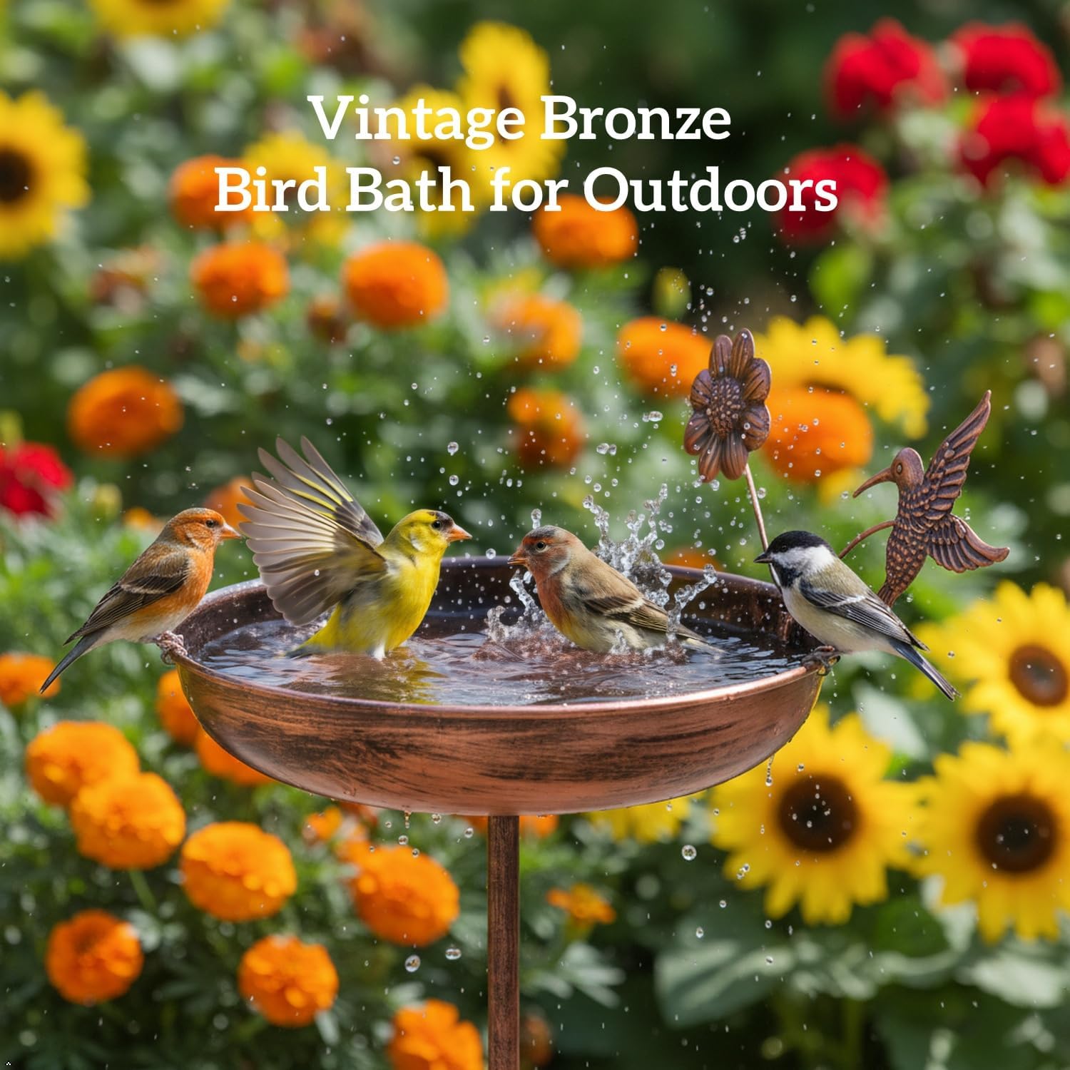 Vintage Metal Bird Bath for Outside, 9.8" Dia Freestanding Bird Bath and Feeder with a Flower and Hummingbird Decor, Suitable for Garden, Patio, and Lawn, Easy Clean and Install (Bronze)