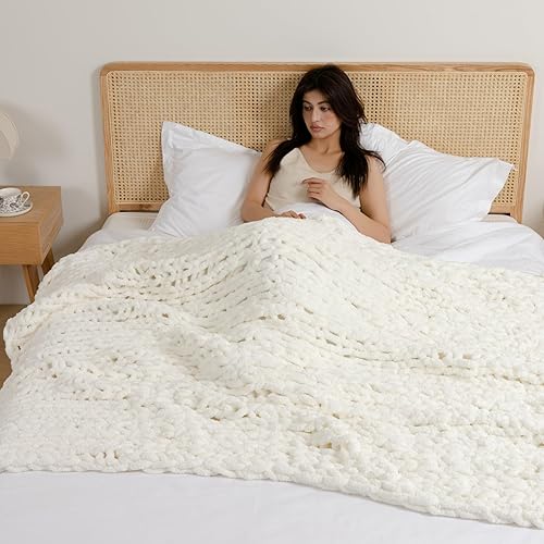 Miniatura 2 de Manta de punto grueso, manta de punto para sofá o cama, manta suave y esponjosa con hilo de felpilla jumbo grueso, 100% hecha a mano (blanco crema,