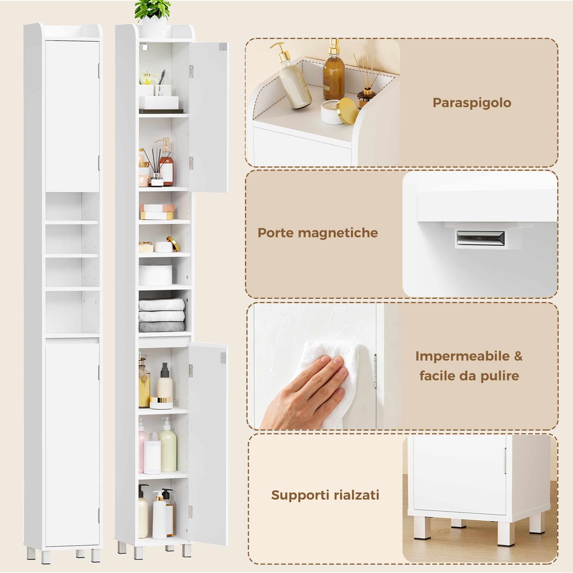 BEWISHOME Mobile Bagno Alto Stretto Mobiletto Bagno Salvaspazio 20x20x180cm | Mobiletto con Ripiani Aperti Cassetto e Ripiano Regolabile Armadietto per Piccoli larghi
