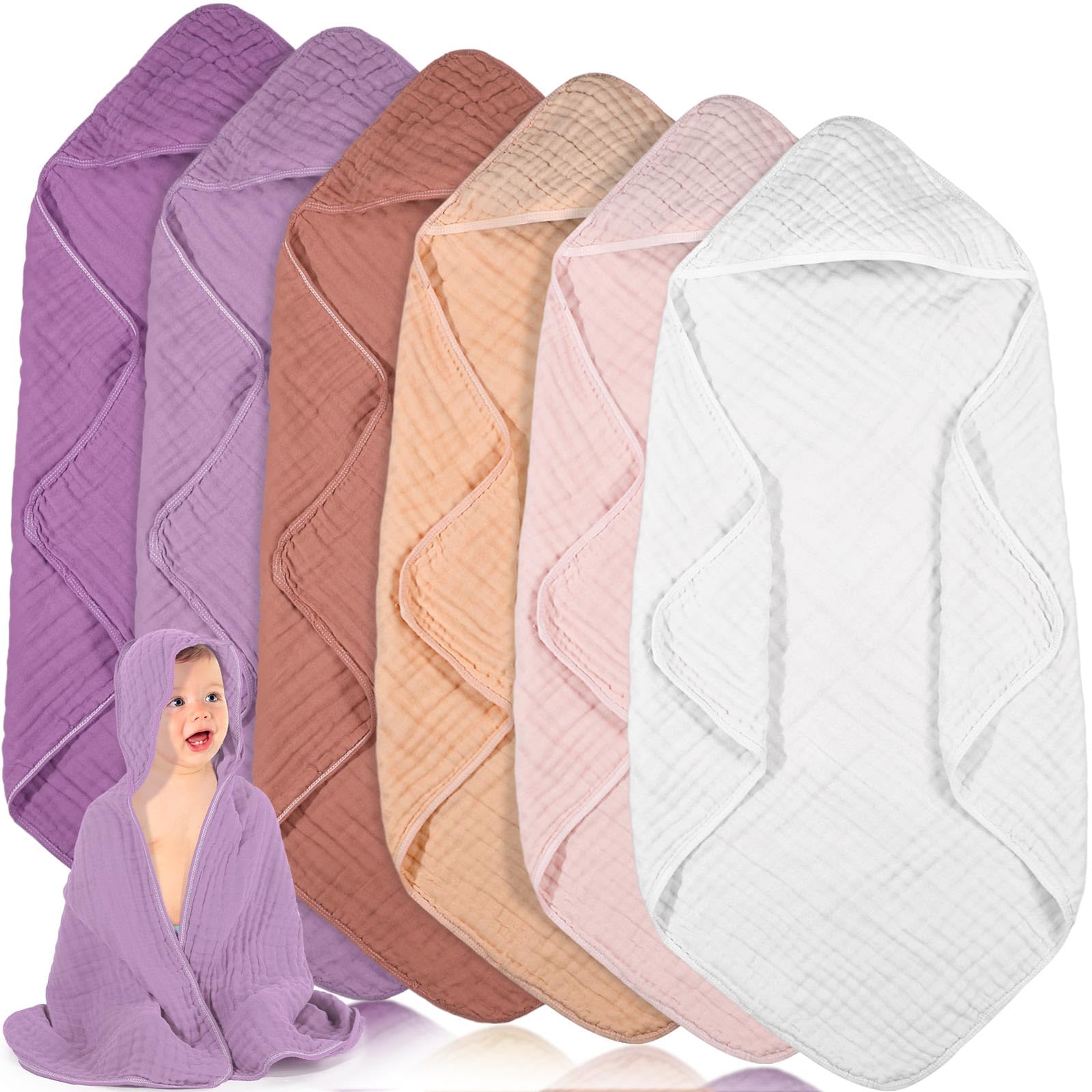 Peryiter 6 Pcs Muslin Hooded Baby Towels, 32"x 32" Cotton Newborn Bath Towel Muslin Infant Baby Blankets Absorbent Unisex Newborn Registry Gift