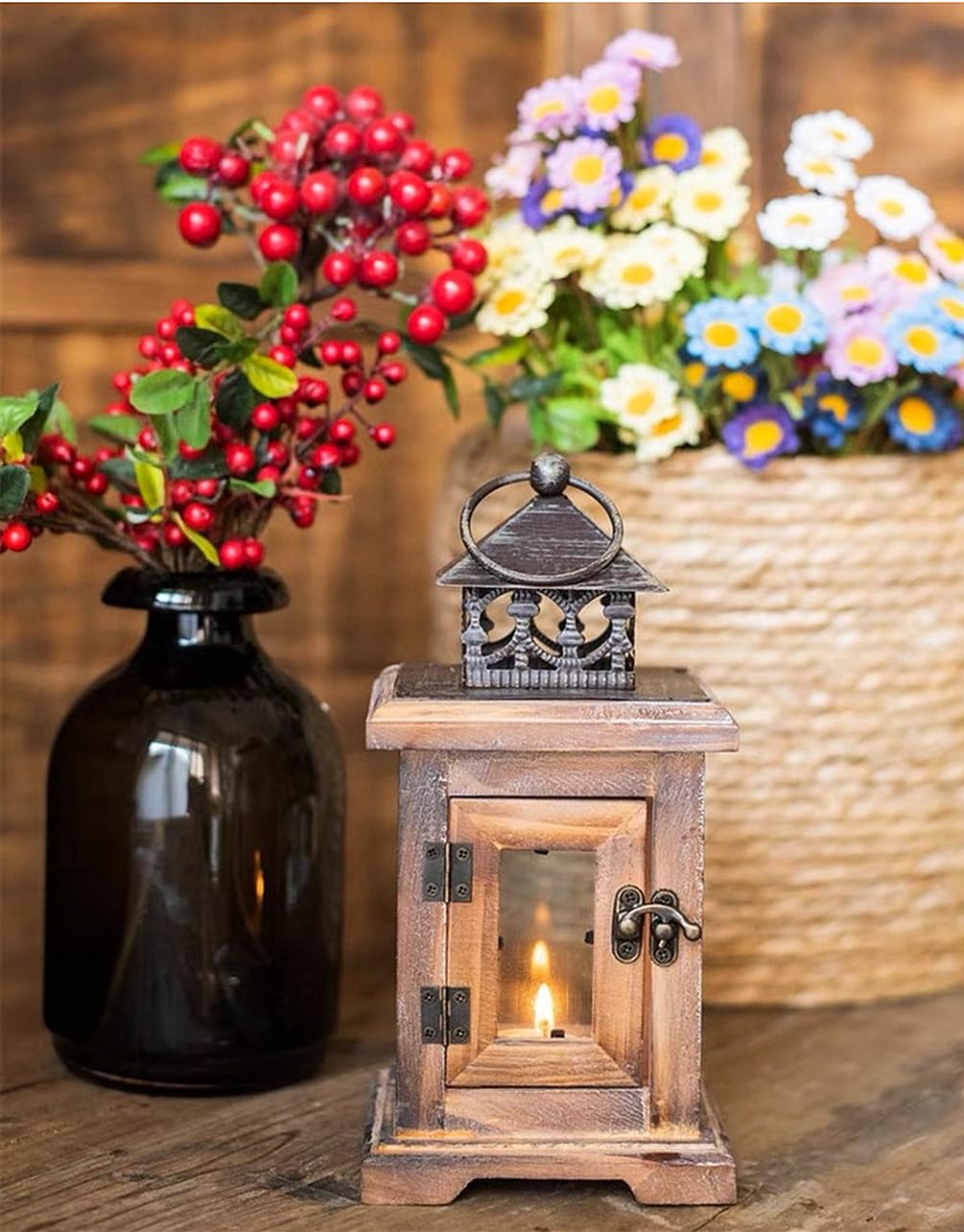 Kerzenhalter, Kerzenständer, Vintage-Stil, Holzlaterne mit Metalldachgriff, rustikaler Kerzenhalter, Teelichthalter, Dekoration, Kandelaber (weiß)