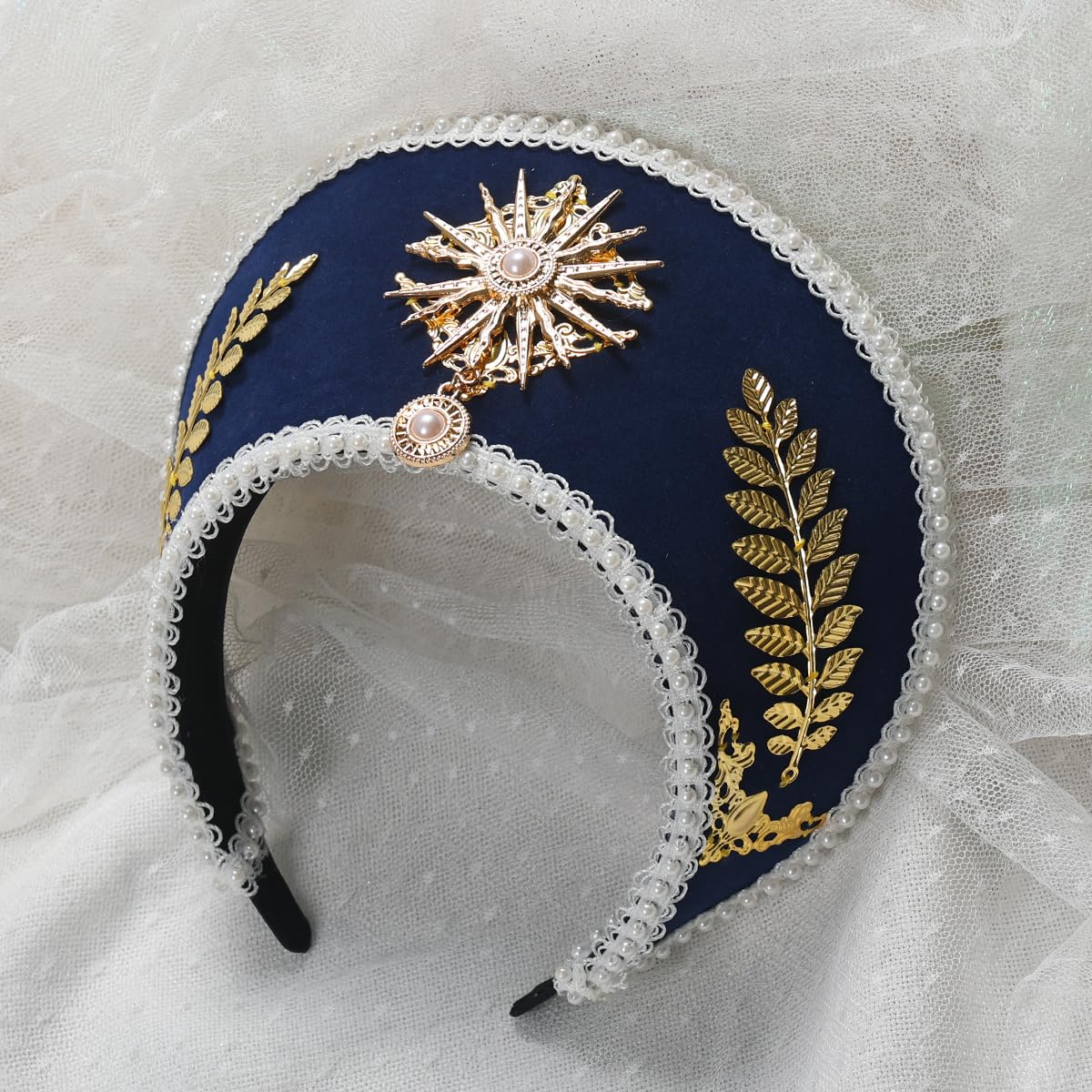 GRACEART Anne Boleyn Hat Headpiece Elizabethan Headwear Tudor Coronet Hood Hat Style-4(dark blue) - Image 2
