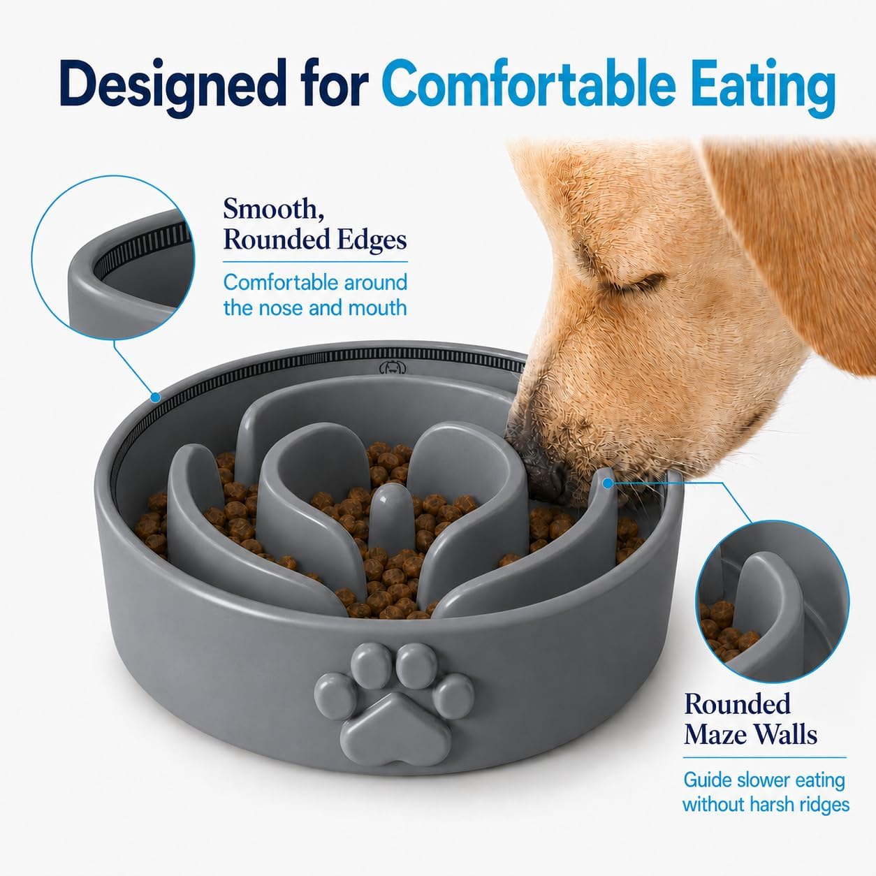 Slow Feeder Dog Bowls – Microwaveable Dog Slow Feeder for Small and Medium Dogs – Lead and BPA-Free Ceramic Pet Bowl – Pet Feeder for Fast Eaters - 1.5 Cup - Grey image 3