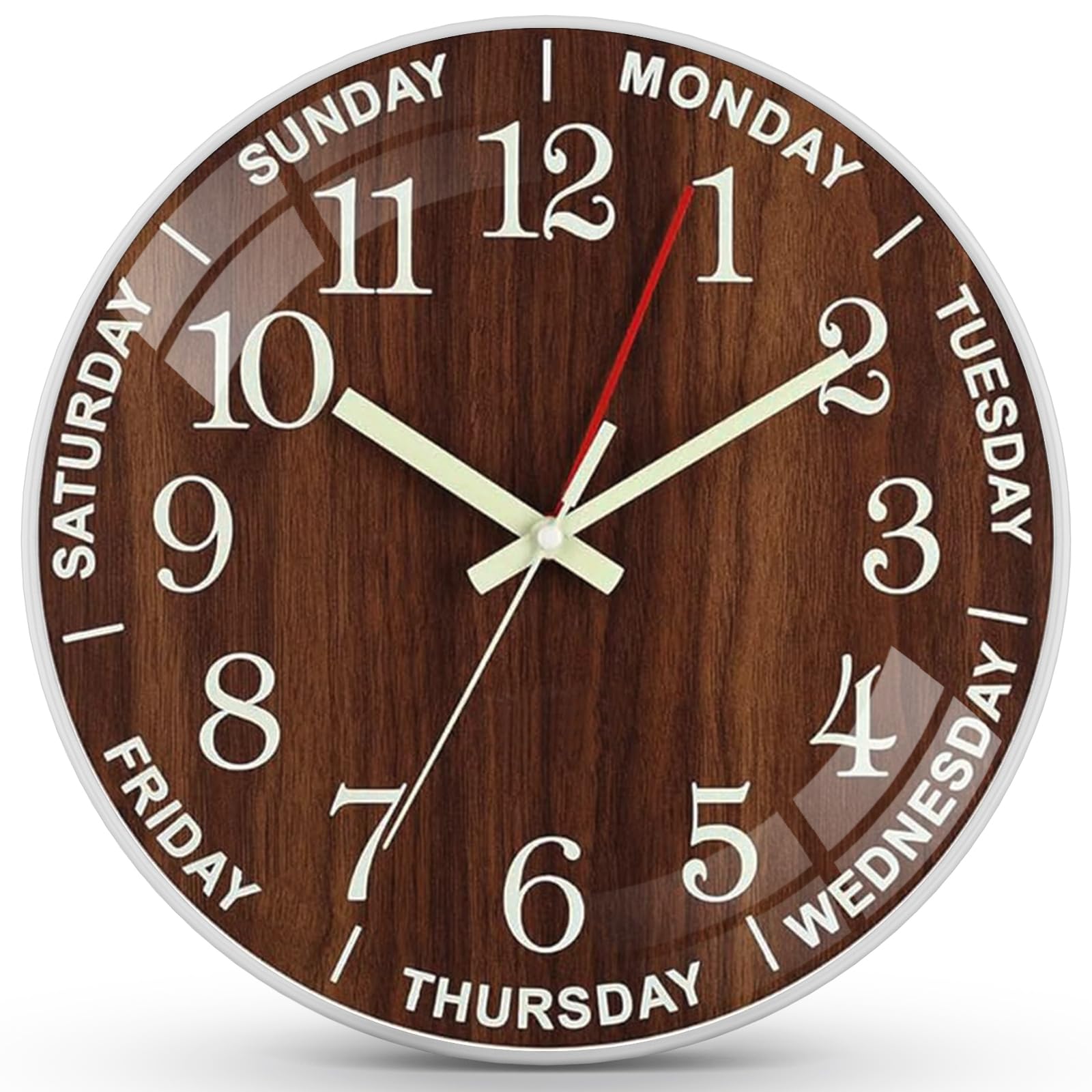 12 Inch Day of Week Wall Clock, Non Ticking Modern Clocks Battery Operated，Analog Day Clock for Seniors Eldly，Classic for Office Home Classroom School Living Room,Unique Gift Clock(Brown)