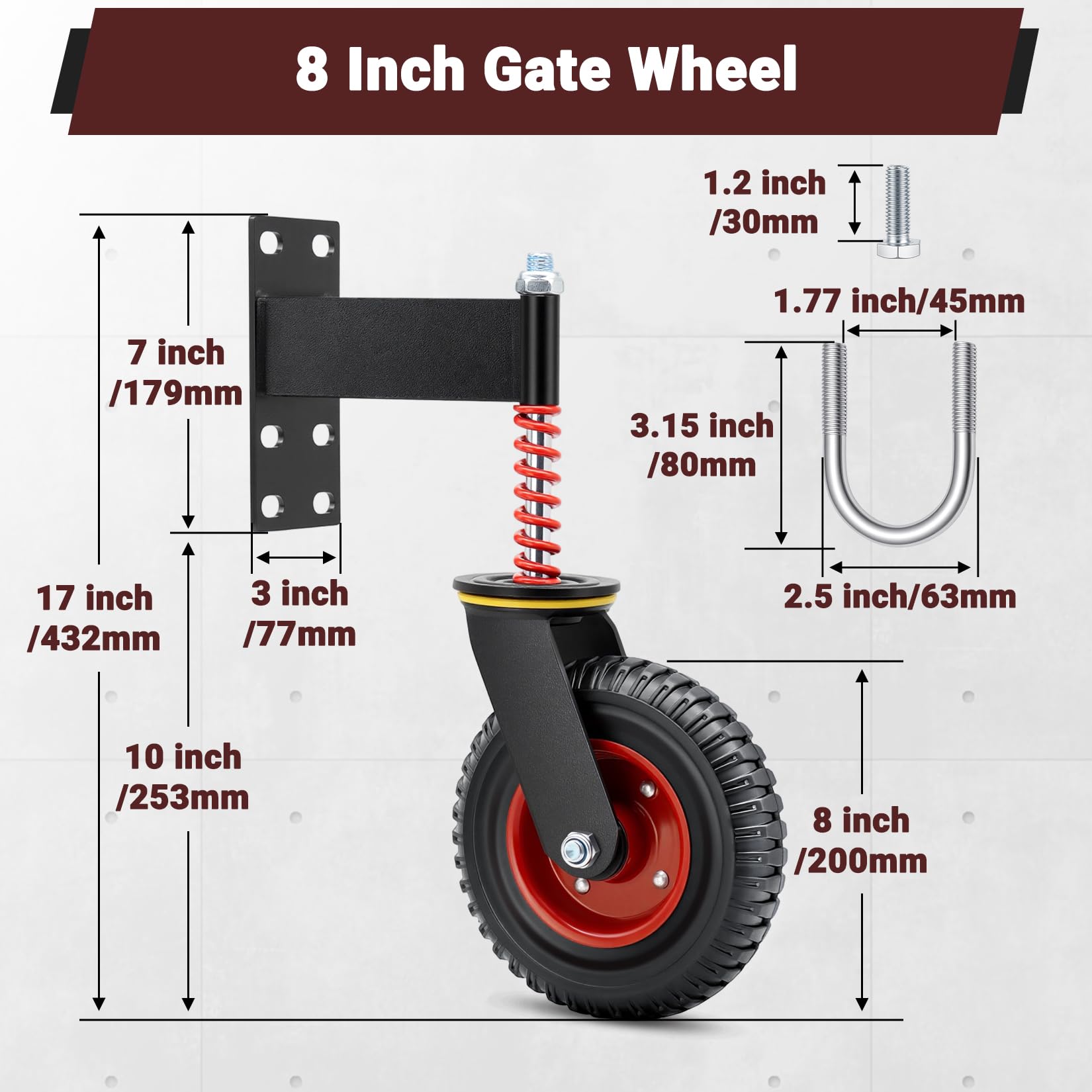 200mm Rueda para PortóN Pesada con Muelle y Engrasador, 250kg Capacidad, Rueda de Goma Negra para Terreno Irregular, CéSped y Grava, Ruedas para Puertas de Madera y Metal, Juego de 2