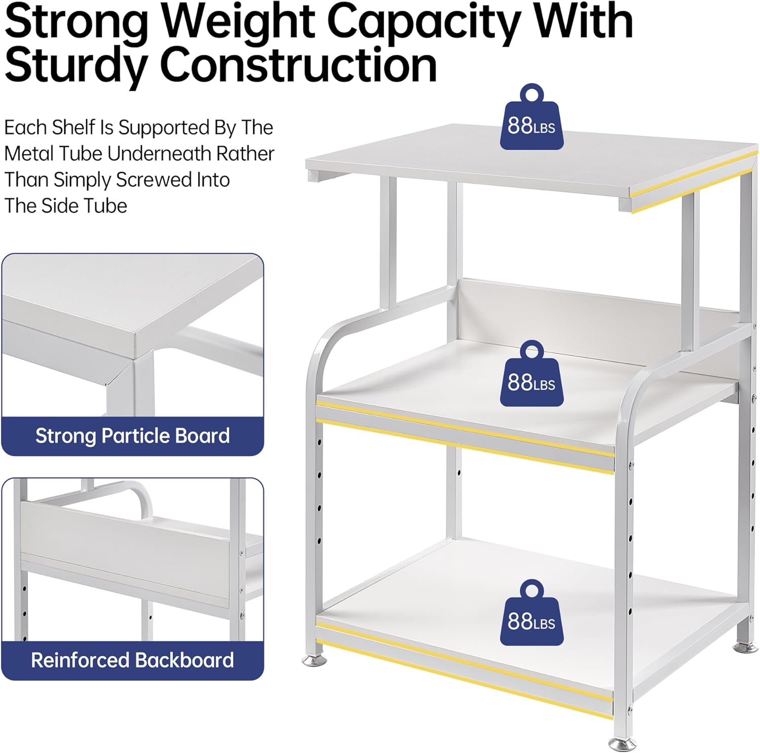 Diagram illustrating the strong weight capacity and sturdy construction of the Fannova printer stand, showing 88 lbs per shelf.