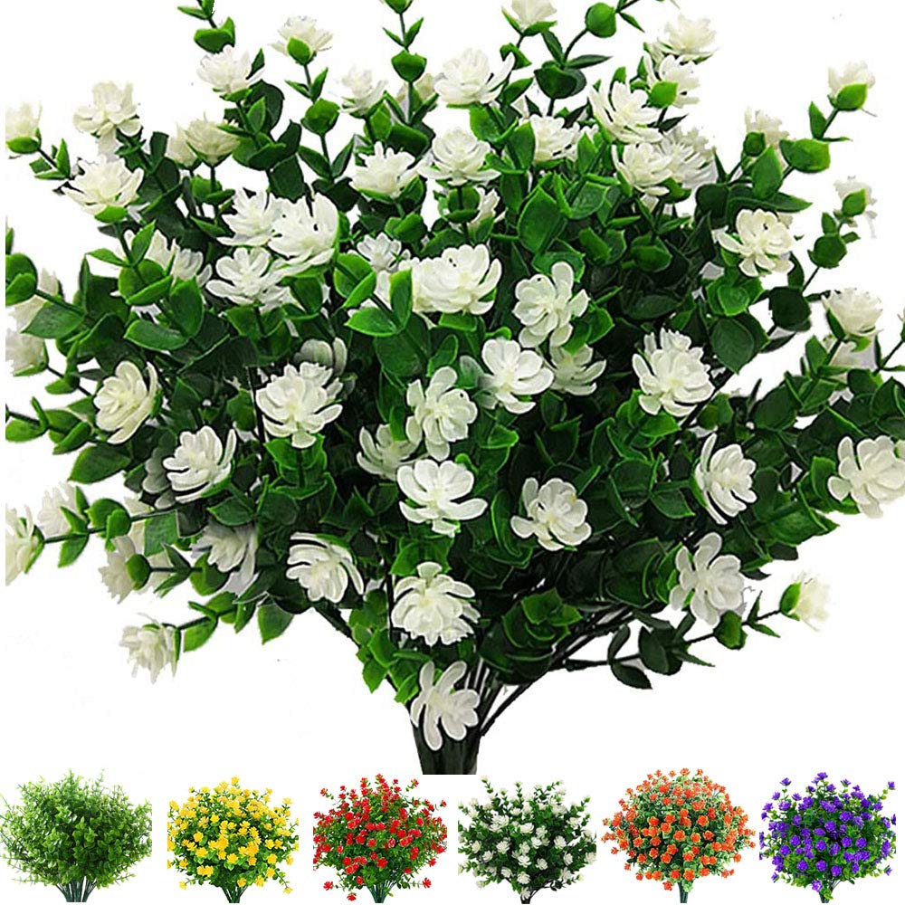 Giftown6 Bundles Outdoor Artificial Flowers UV Resistant Fake Boxwood Plants, Faux Plastic Greenery for Indoor Outside Hanging Plants Garden Porch Window Box Home Wedding Farmhouse Decor (Off White)