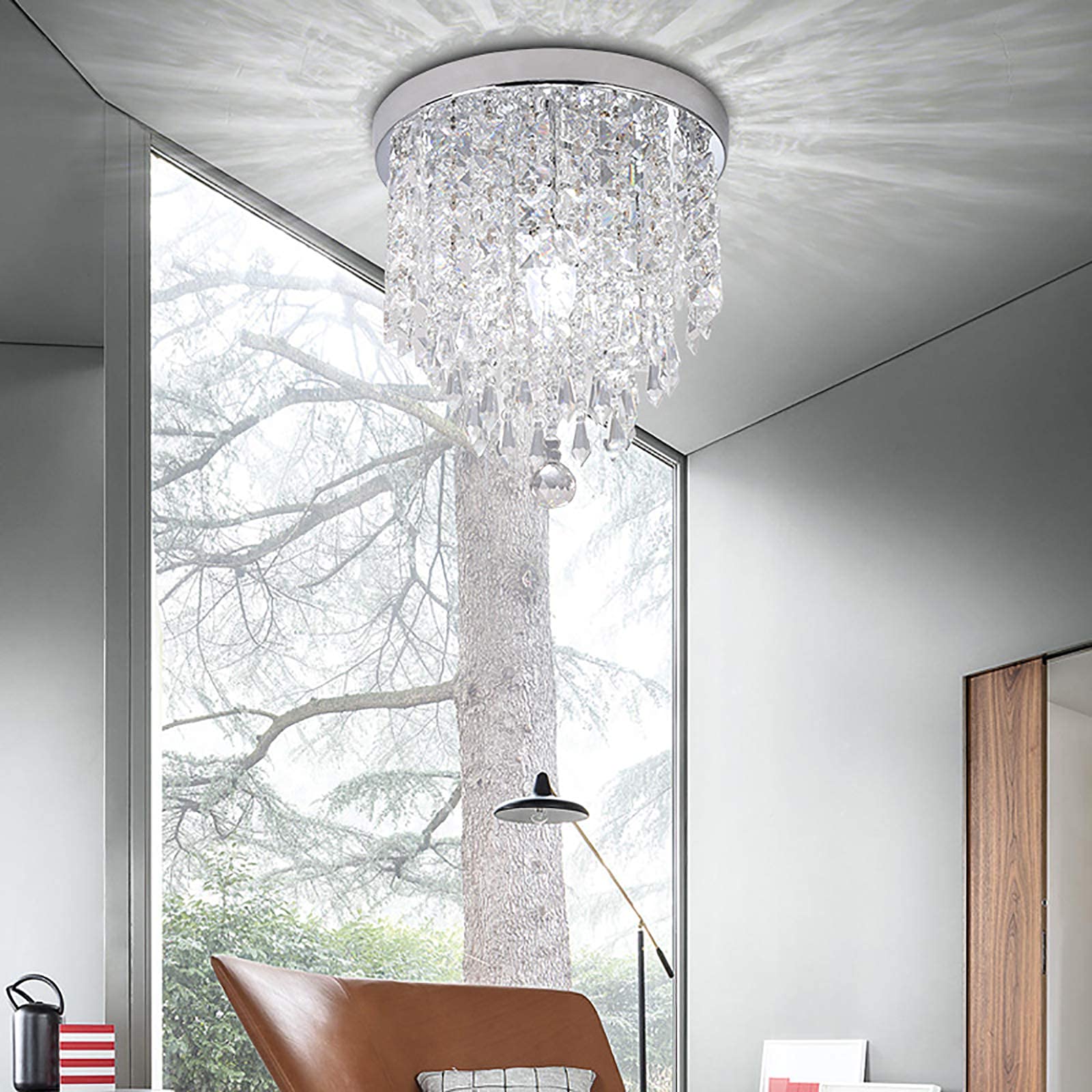 Plafonnier LED cristal E14 mini lustre moderne goutte de pluie transparent 25x25cm