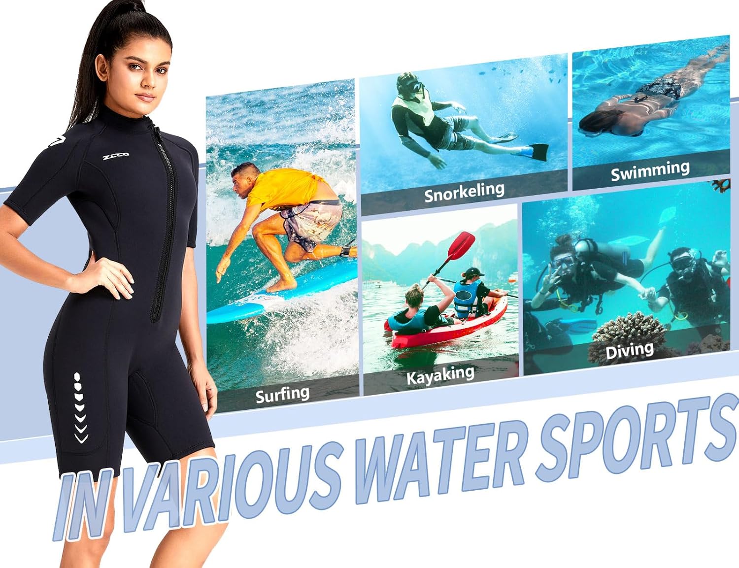ZCCO Mens Shorty Wetsuits 3mm Neoprene Womens Front Zipper Diving Suit for Diving Swimming Surfing Snorkeling