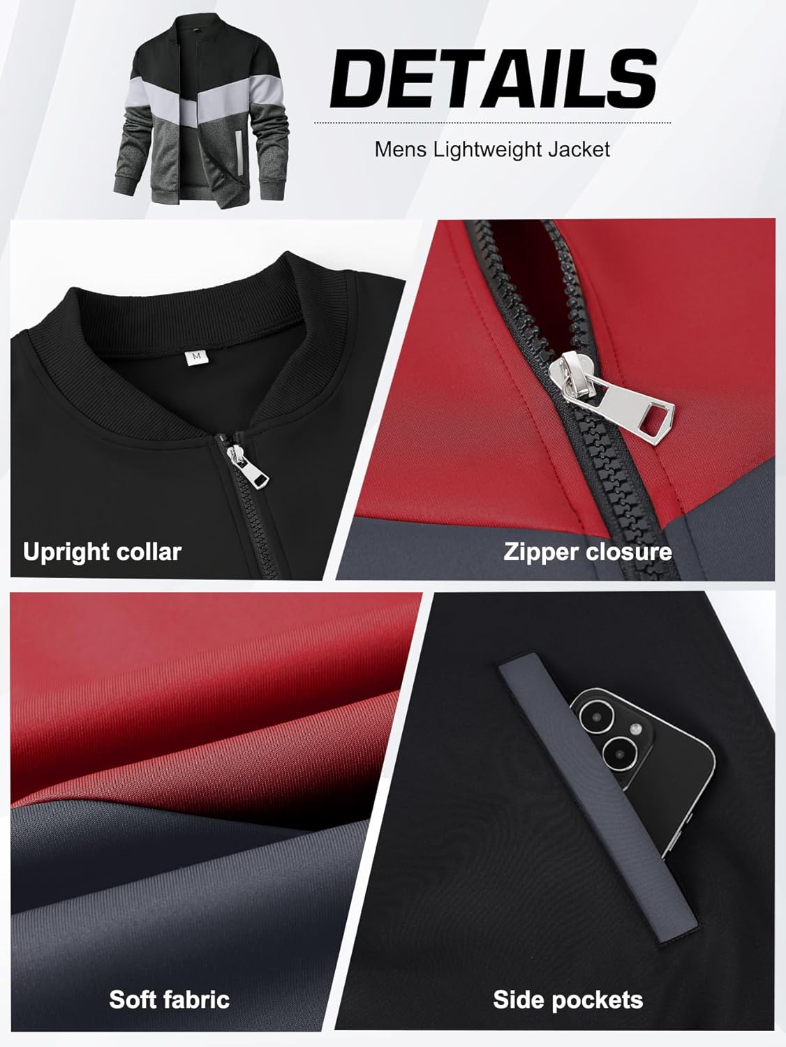 Arssm Mens Lightweight Jacket Color Block Bomber Jacket Patchwork Fall Zip Up Varsity Coat - Image 6