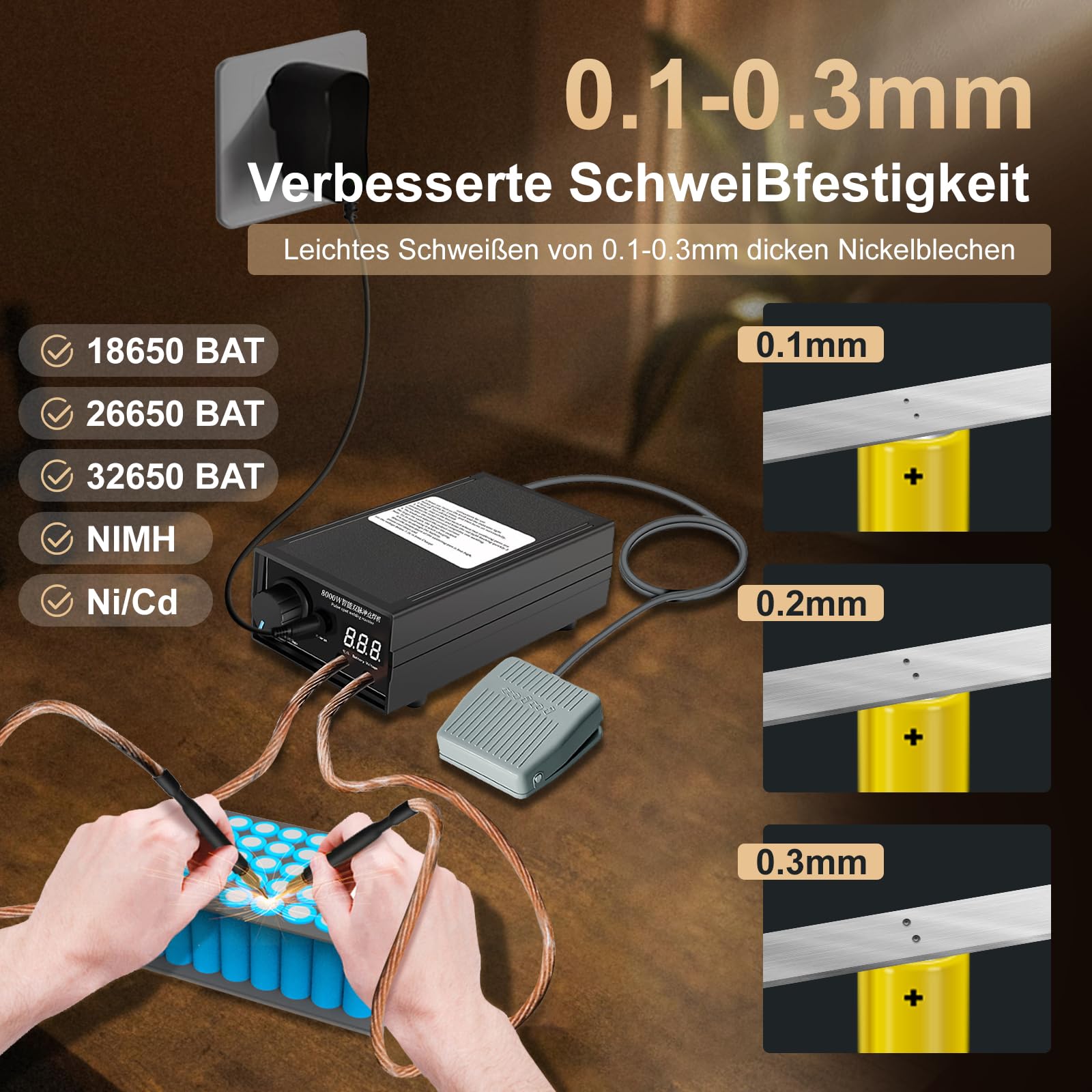 8000W Punktschweißgerät für Akkus, Akku Schweißgerät mit Fußpedal Nickelband und Punktschweißstift, Hochleistungs-Handschweißgerät für 18650 Akku-Pack-Schweißgeräte